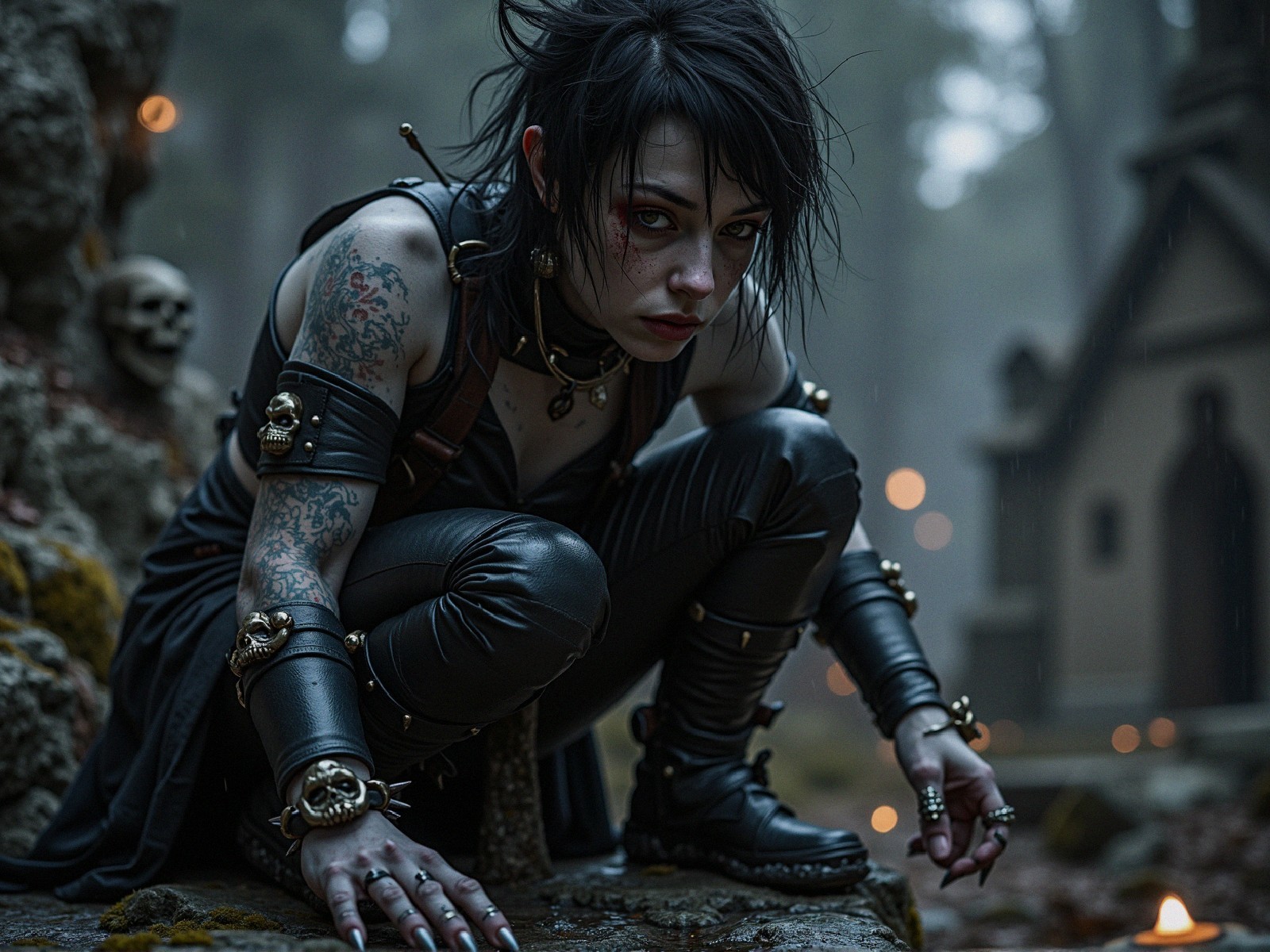 Fierce Figure in a Misty Forest with Edgy Aesthetic