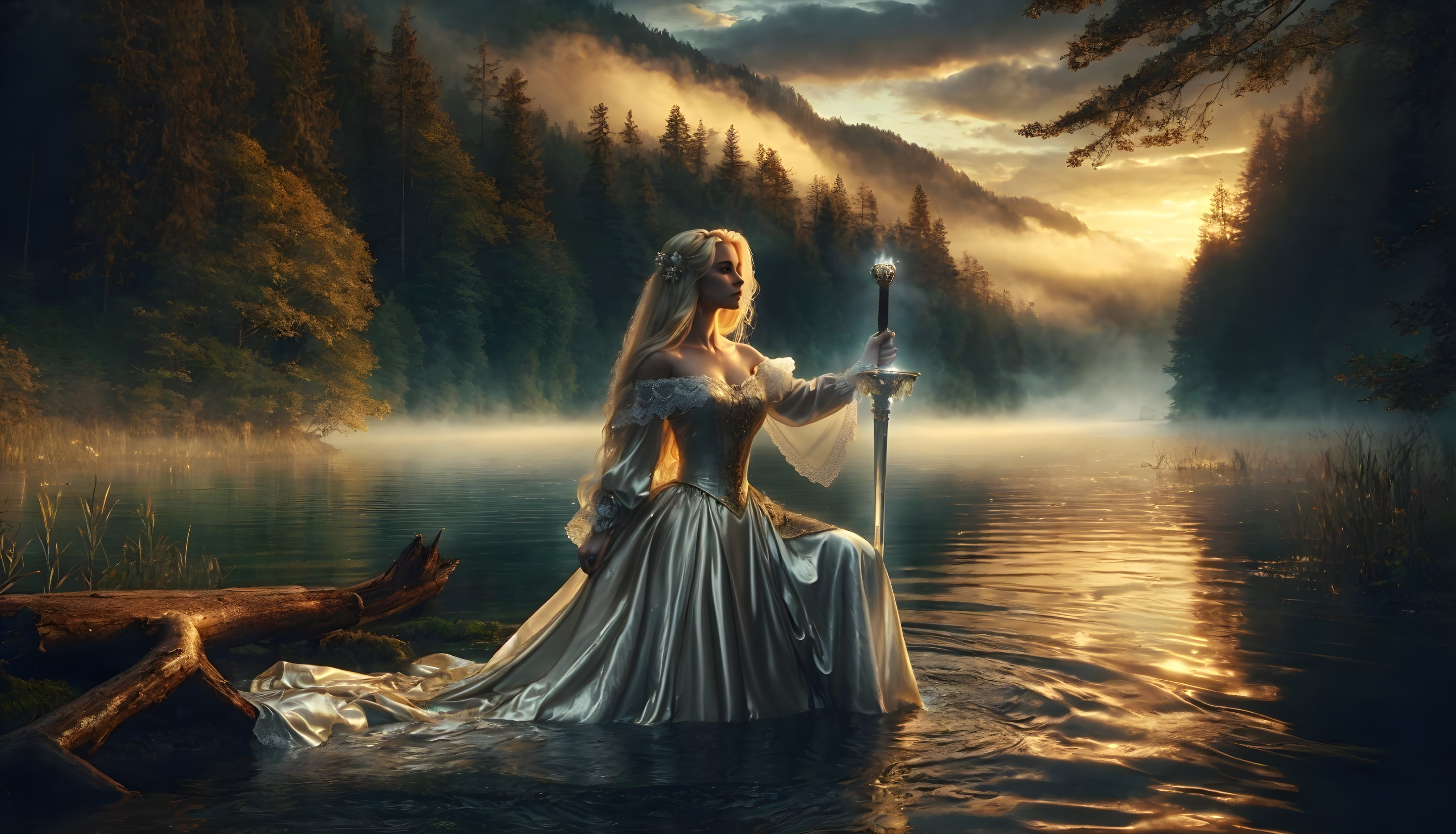 Serene Figure in White Gown at Misty Lake Sunset