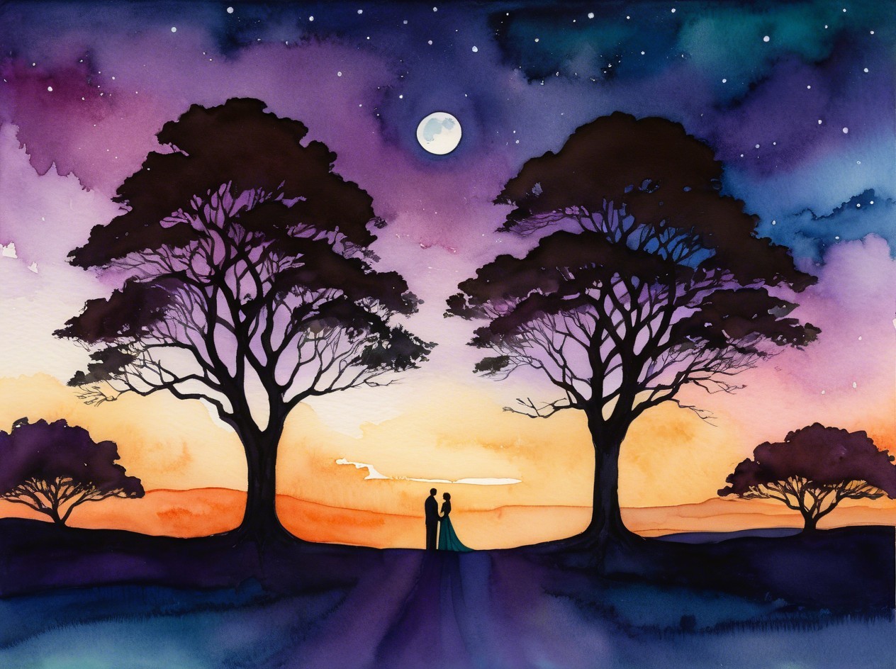 Watercolor Landscape of Silhouettes Under Night Sky