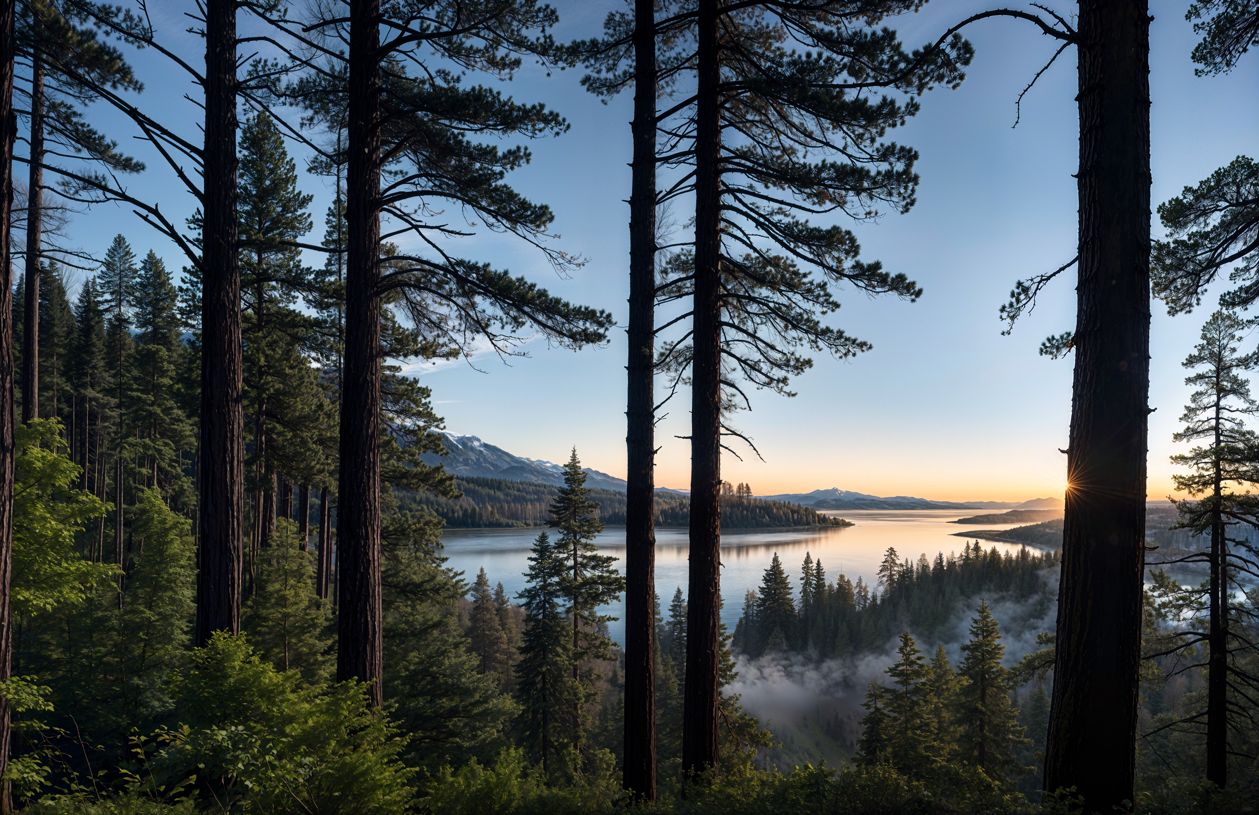 Serene Dawn Landscape with Pine Trees and Lake