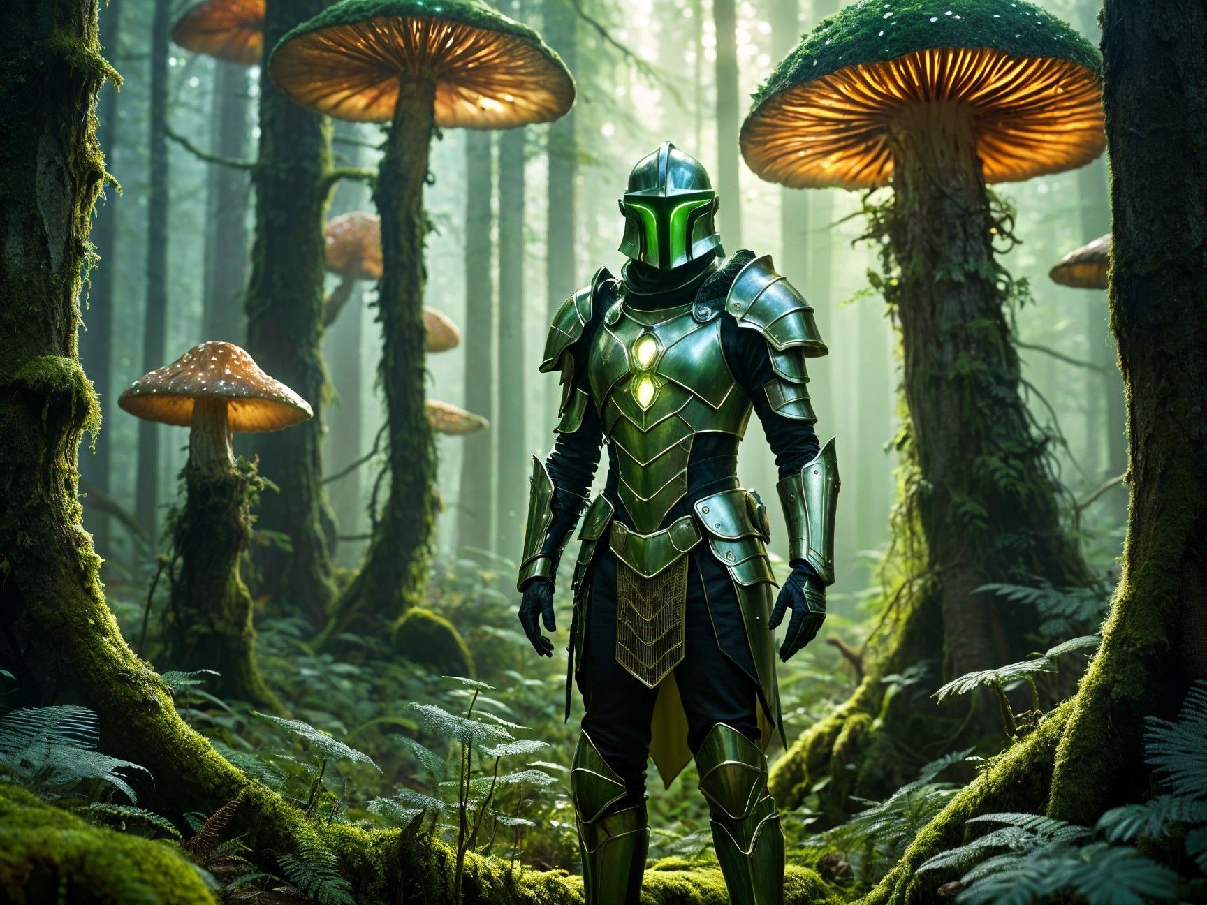 Armored Figure in Enchanted Forest with Glowing Mushrooms