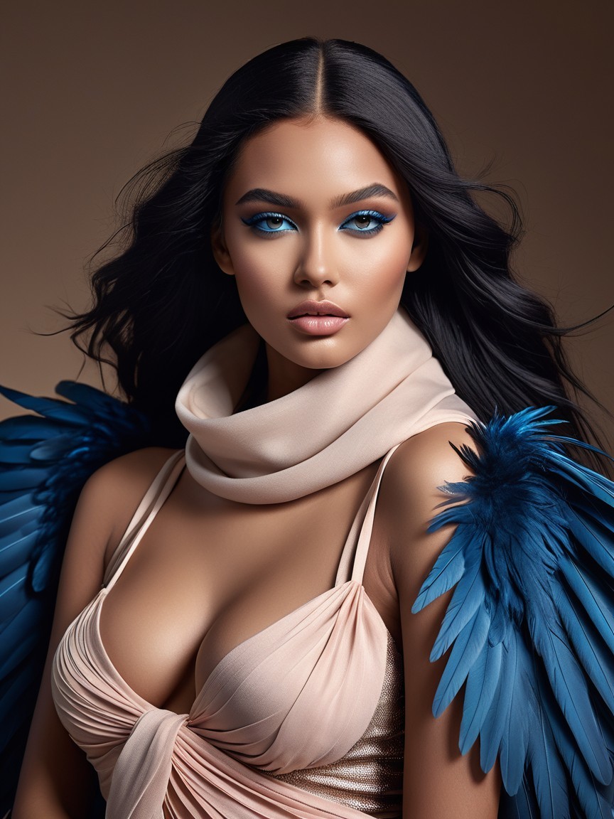 Model with Black Hair and Blue Makeup Featuring Feathers