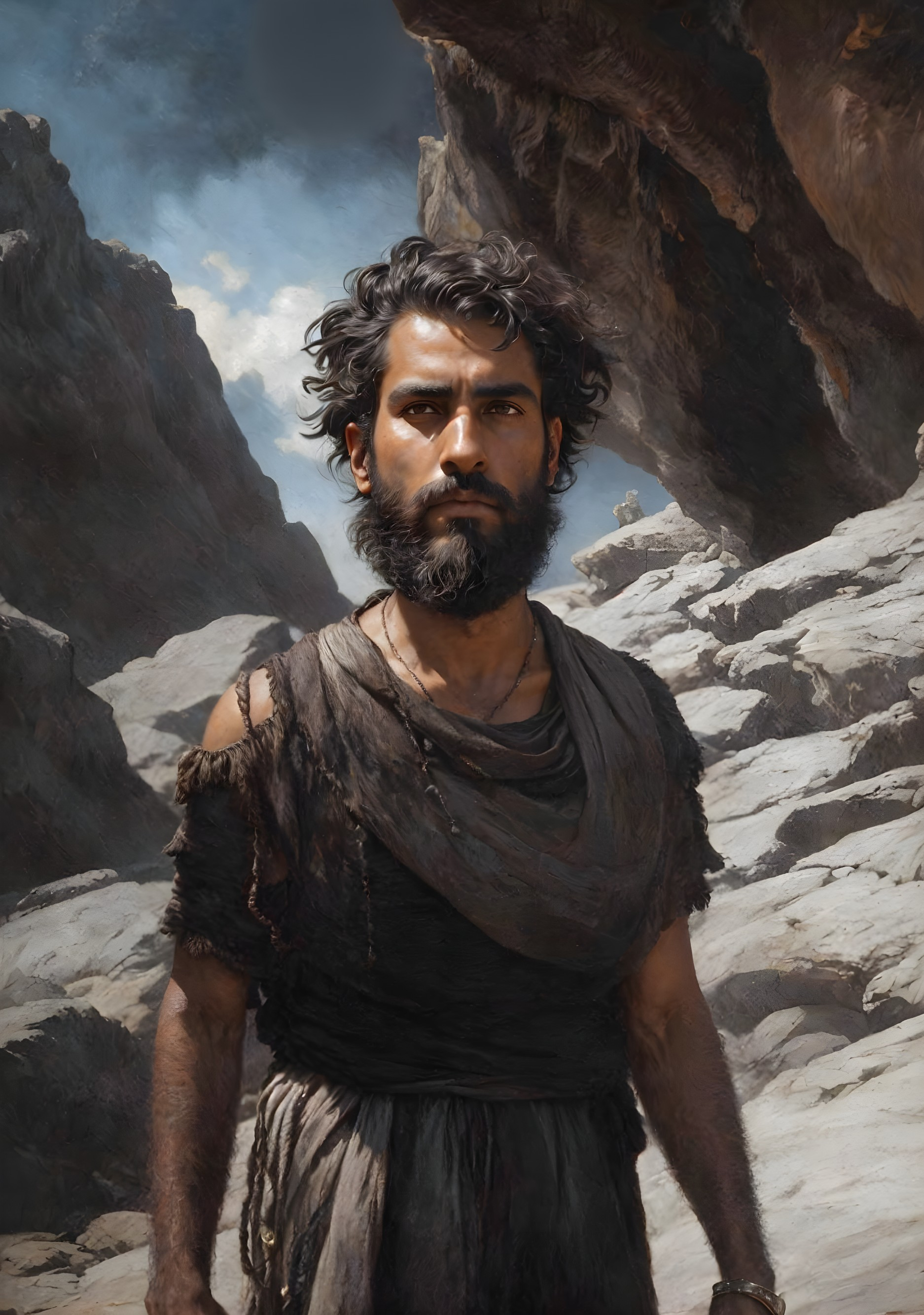 Rugged Man in Primitive Clothes on Rocky Terrain