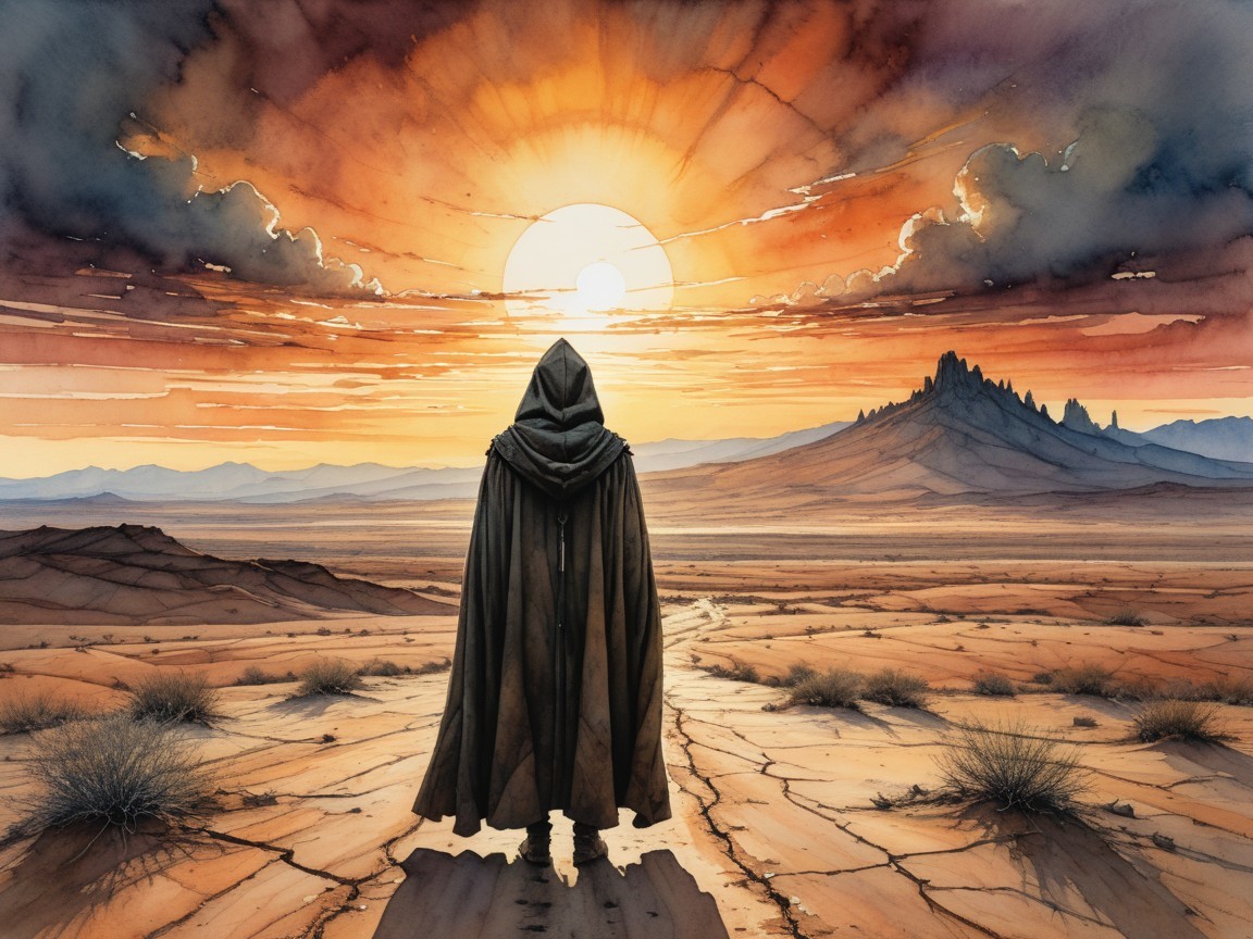 Cloaked Figure on Desert Path at Vibrant Sunset