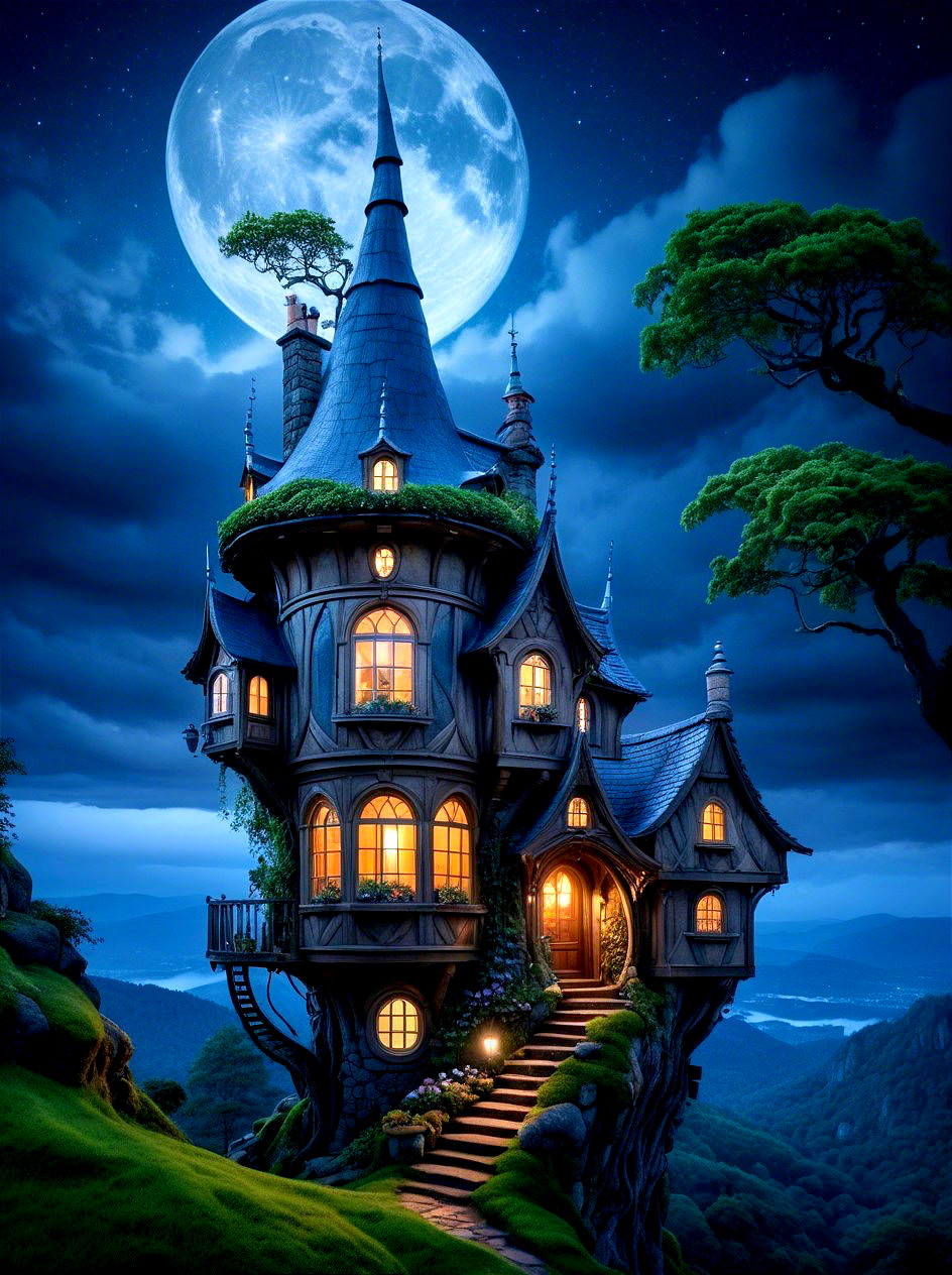 Whimsical Fairytale House on a Rocky Hill at Night