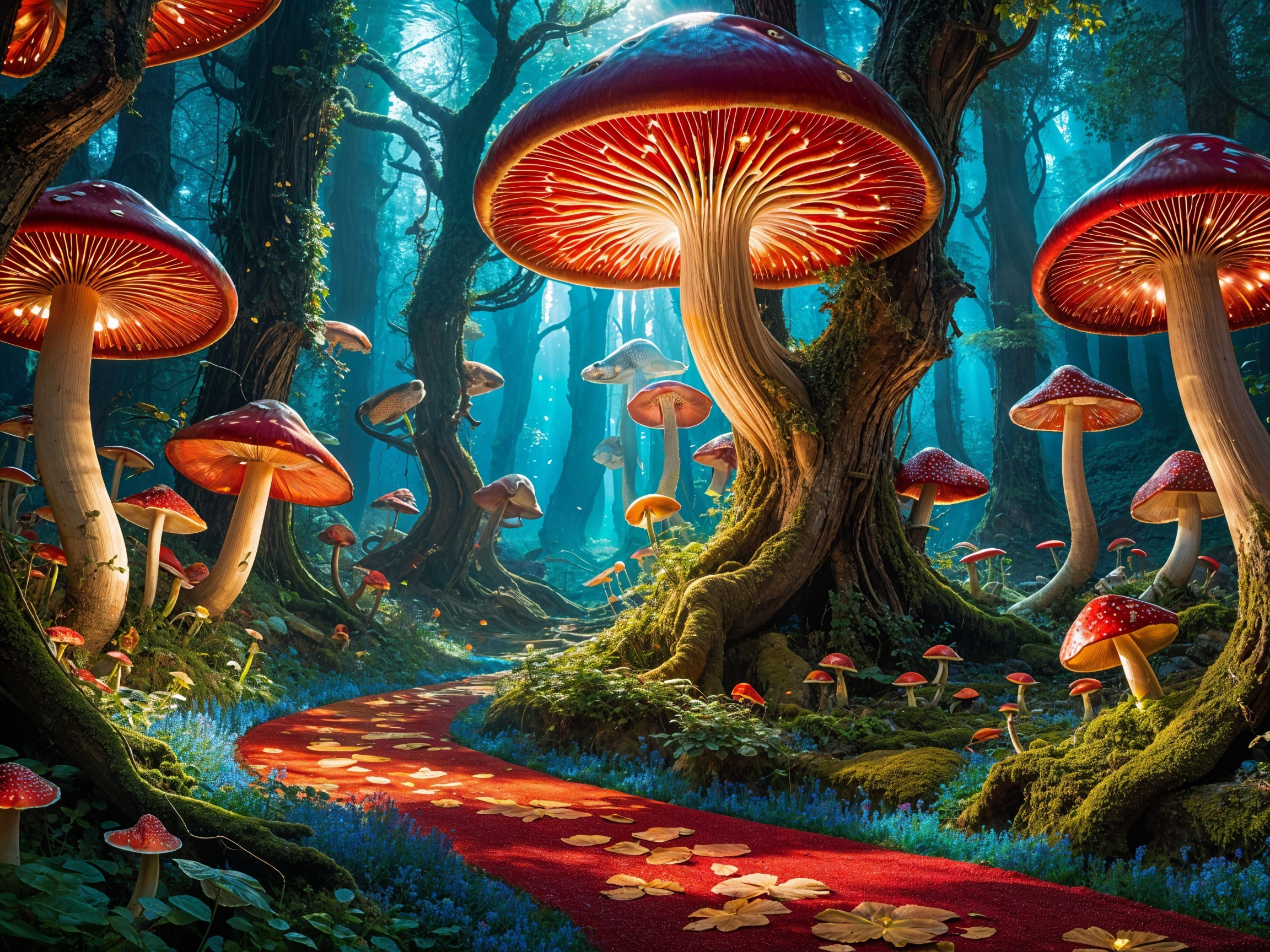 Magical forest with vibrant mushrooms and blue flowers