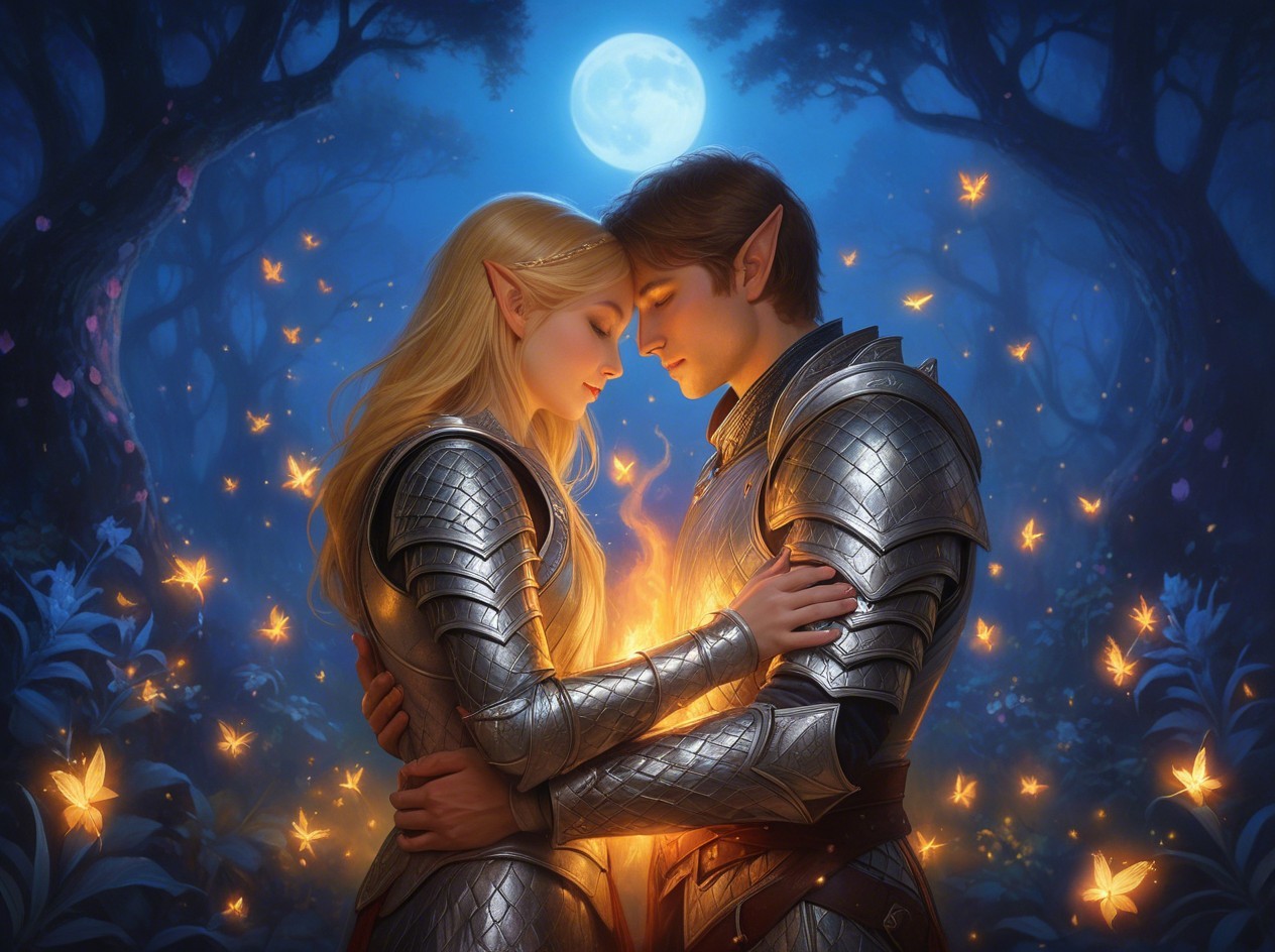 Elven Knight Couple Embracing in Magical Forest Night