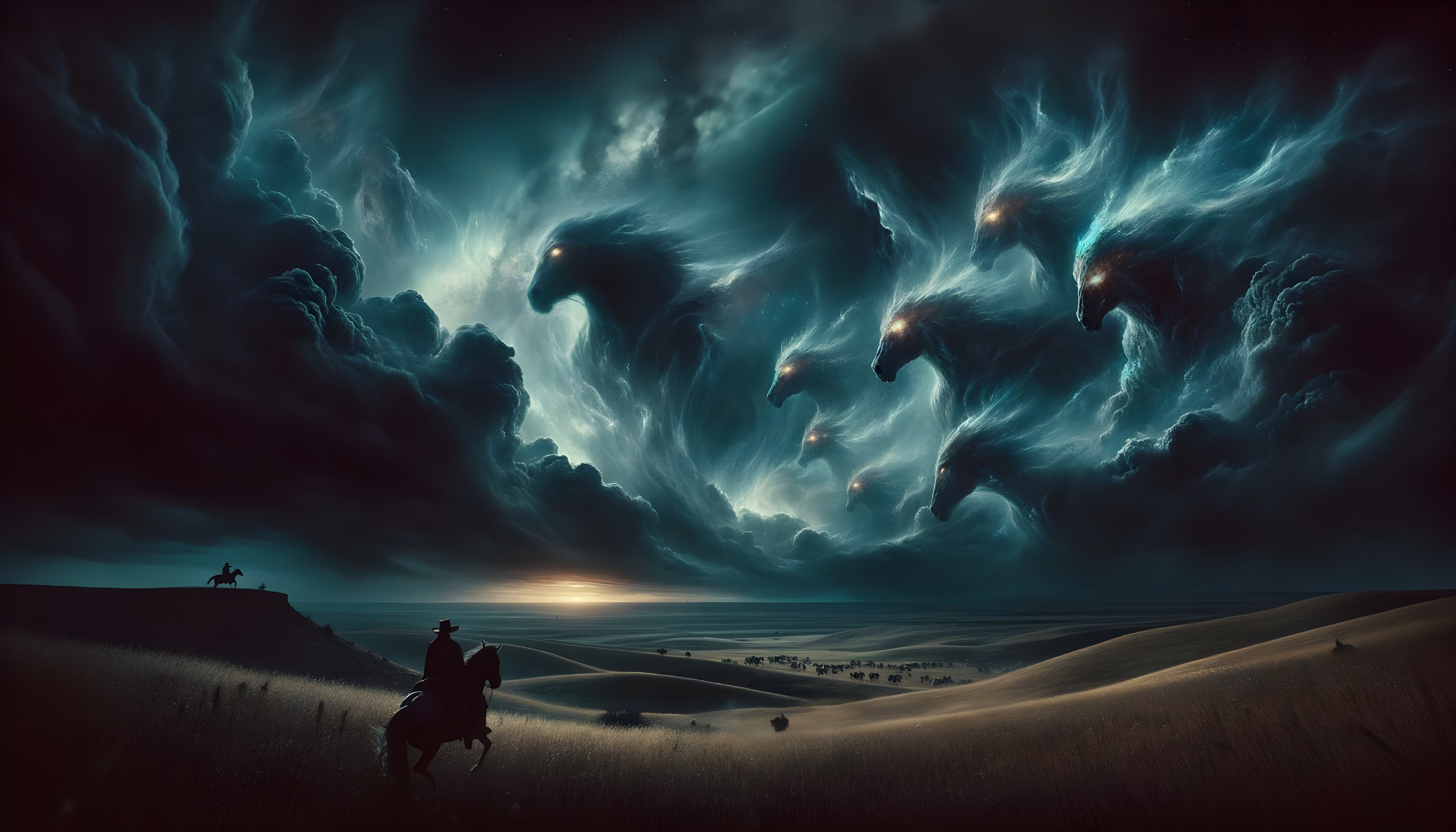 Lone Horseman Beneath Mystical Cloud Figures