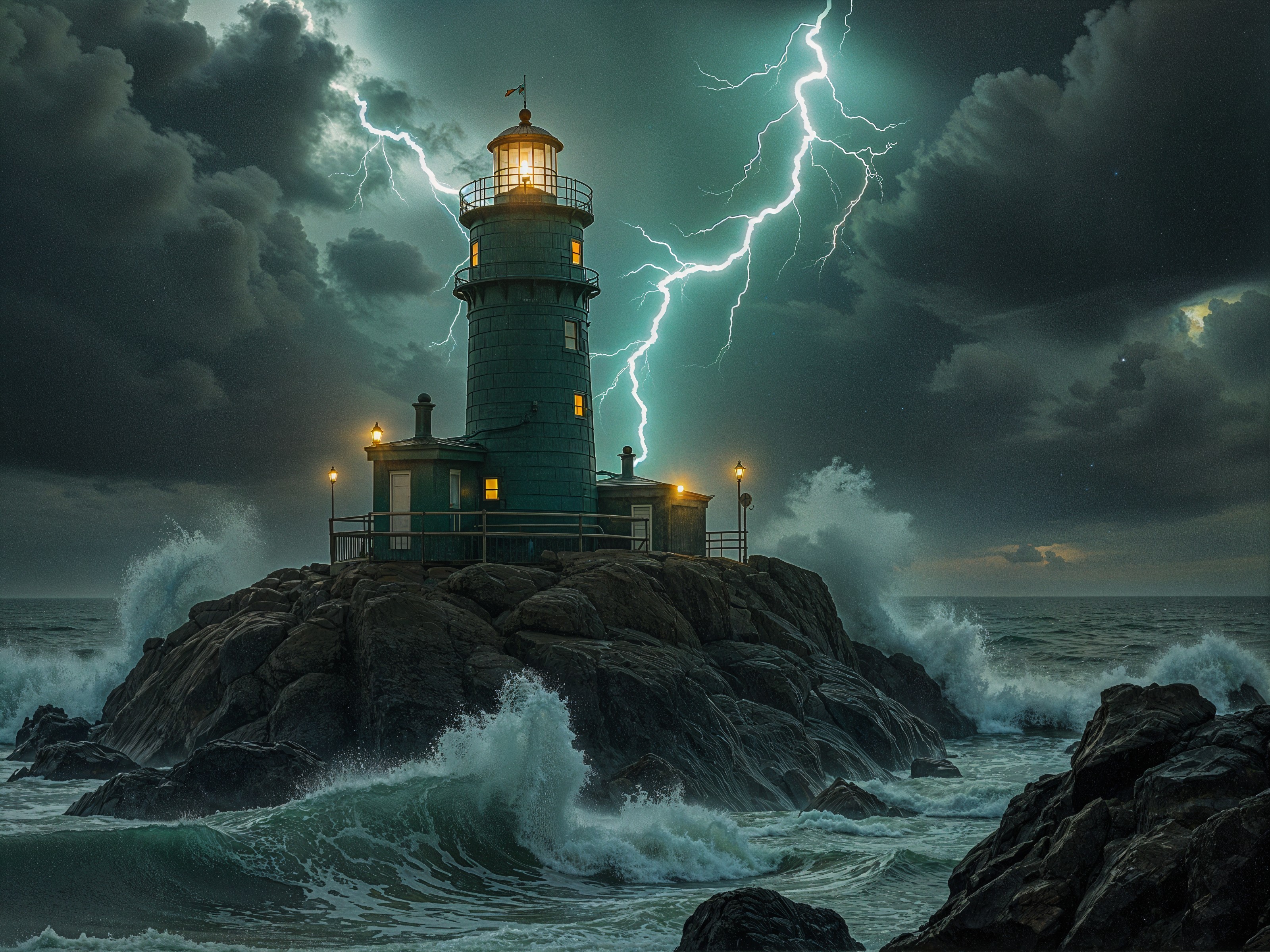 Lighthouse on Rocky Shore Amidst Stormy Ocean Waves