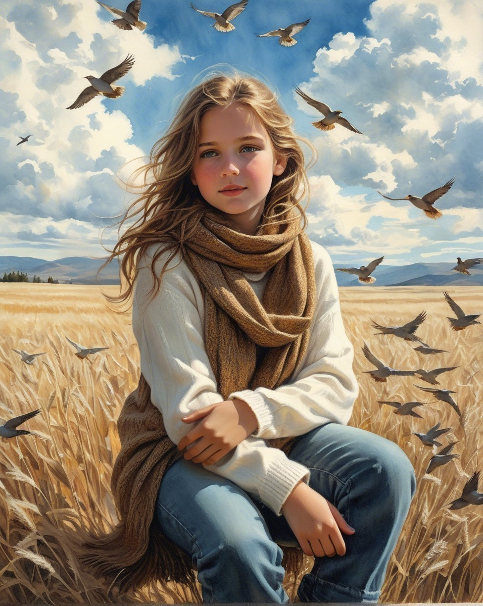 Young girl in wheat field with birds and blue sky