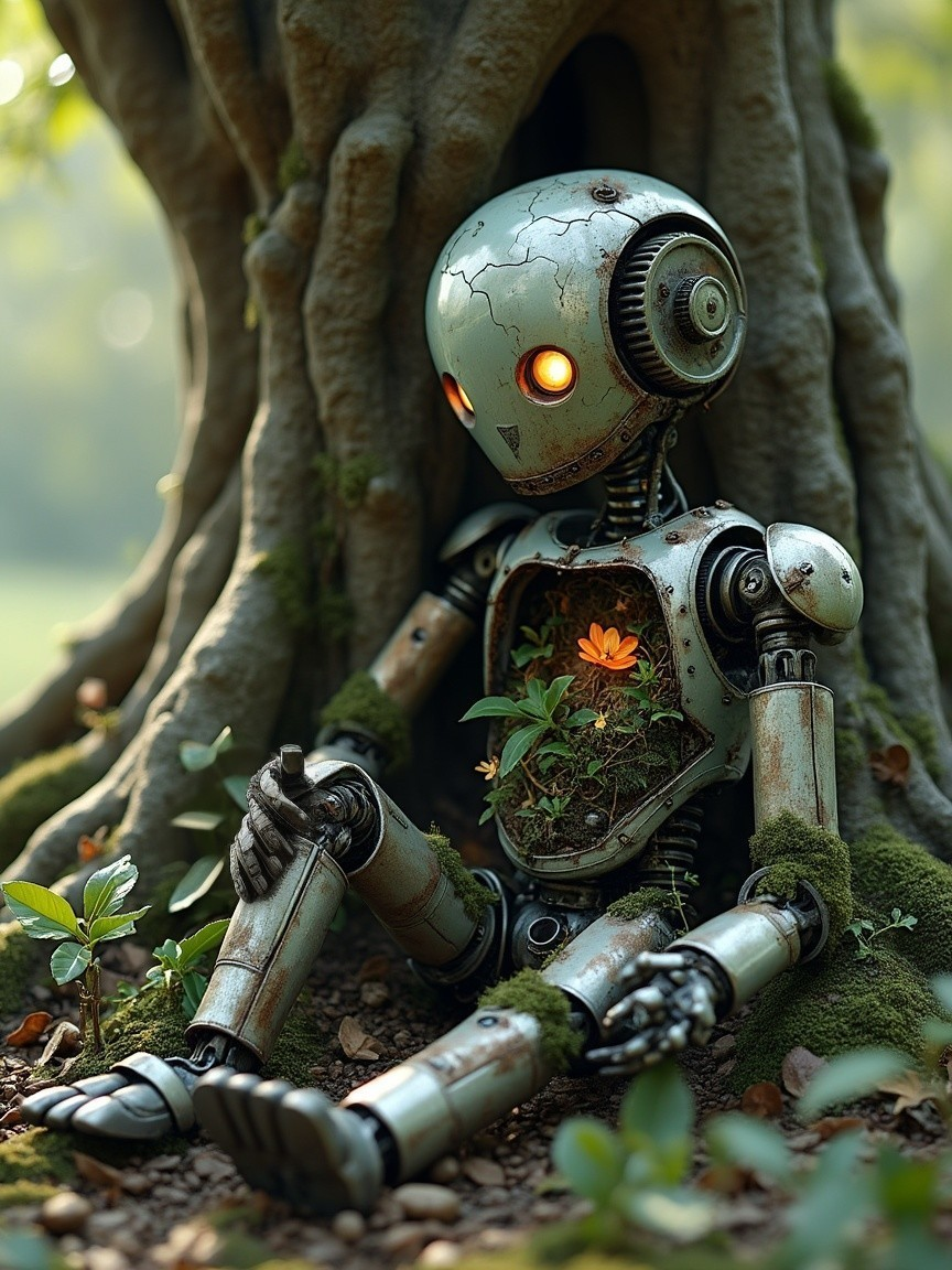 Whimsical Robot with Nature Elements by a Tree