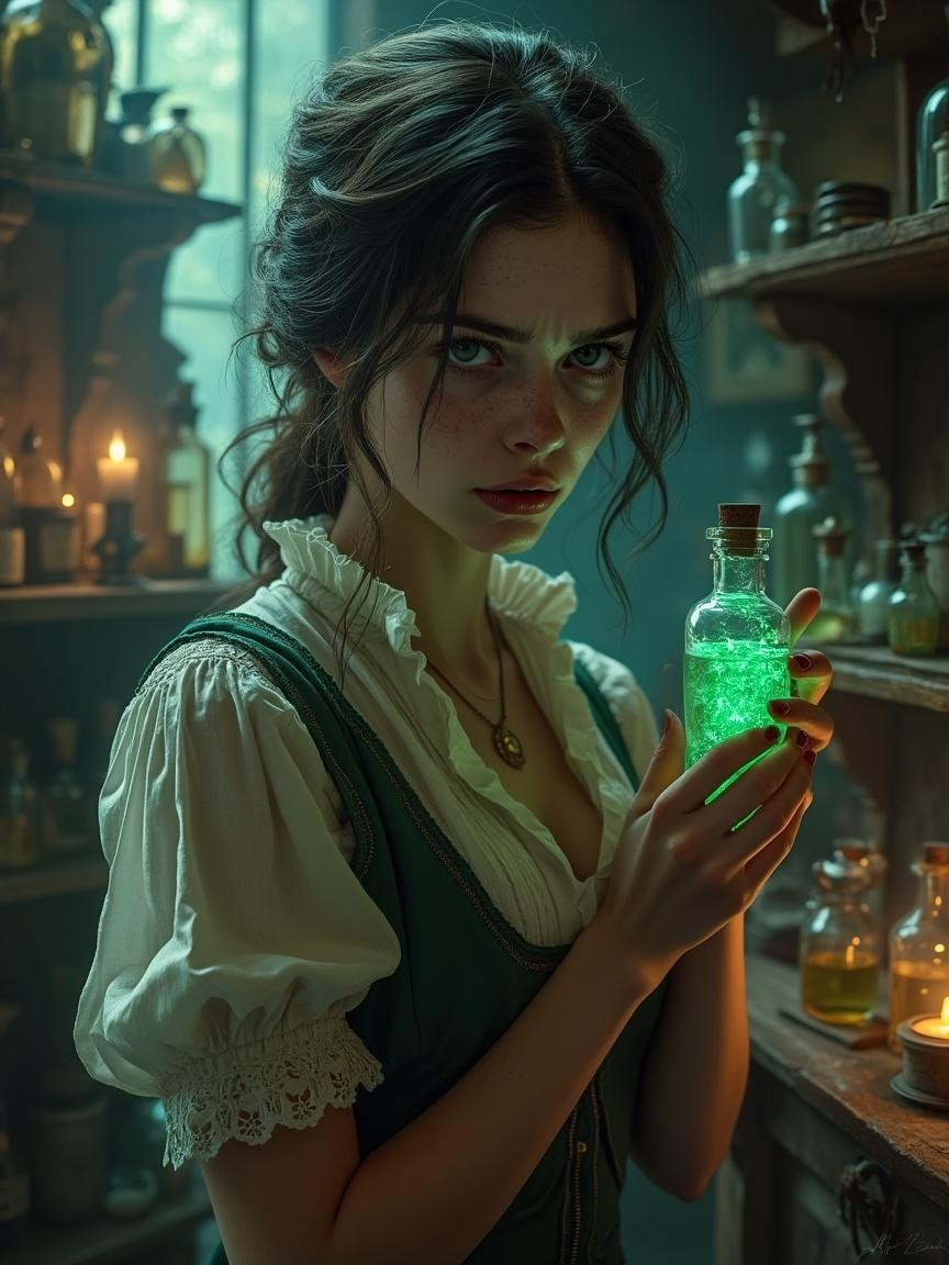 Young Woman in Apothecary with Glowing Green Potion