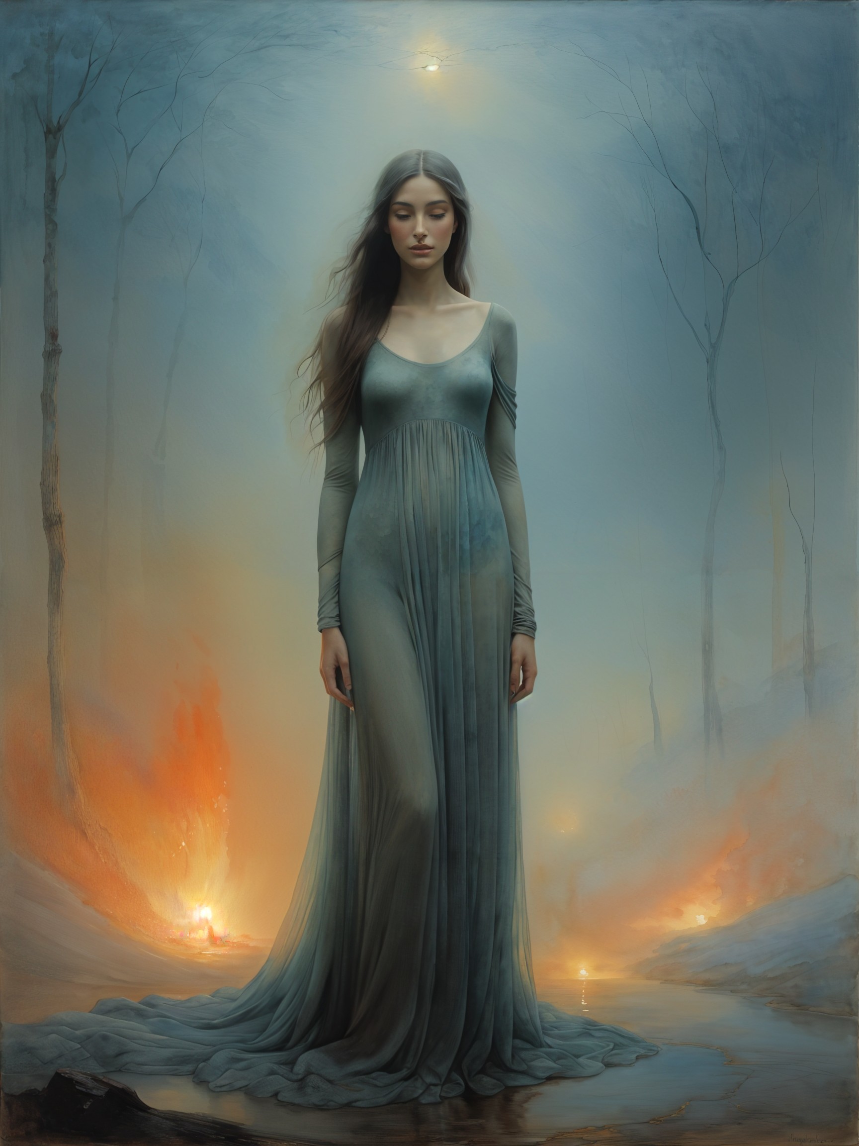 Mysterious Figure in Foggy Landscape with Flames