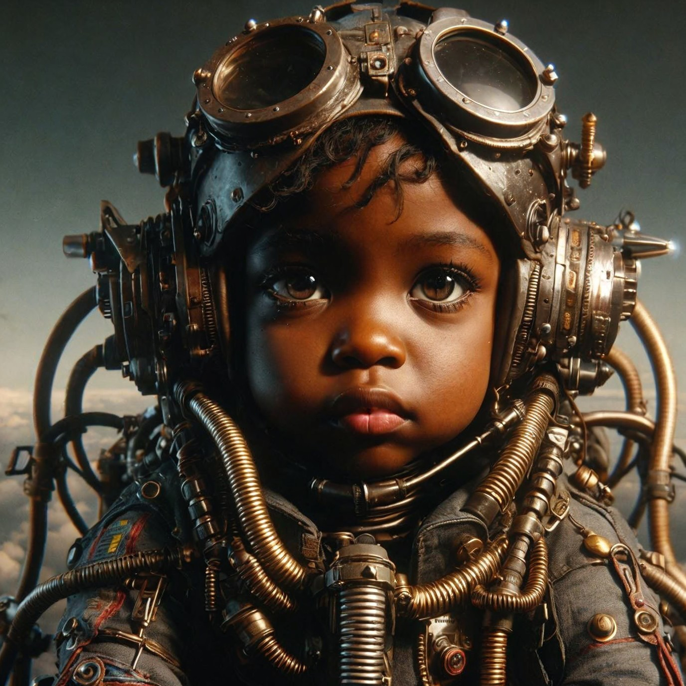 Child in Steampunk Helmet Against Dreamy Sky