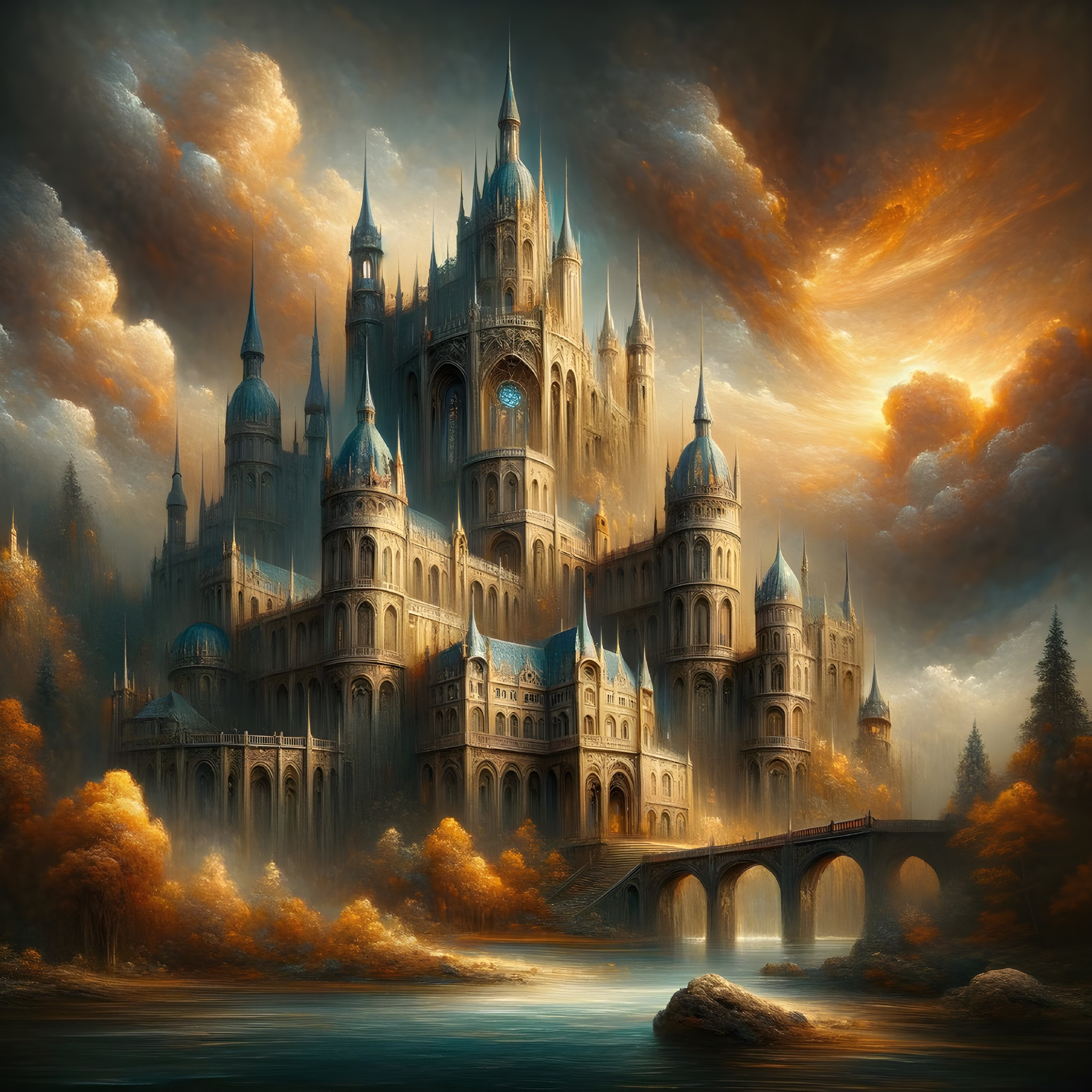 Fantasy-inspired castle with spires and arches in golden sunset landscape