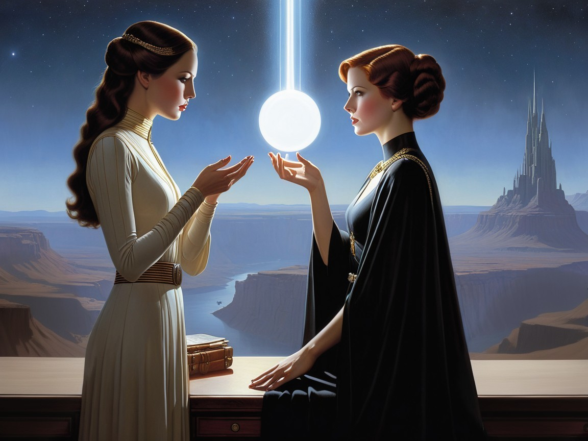Surreal Scene of Two Women and a Glowing Orb
