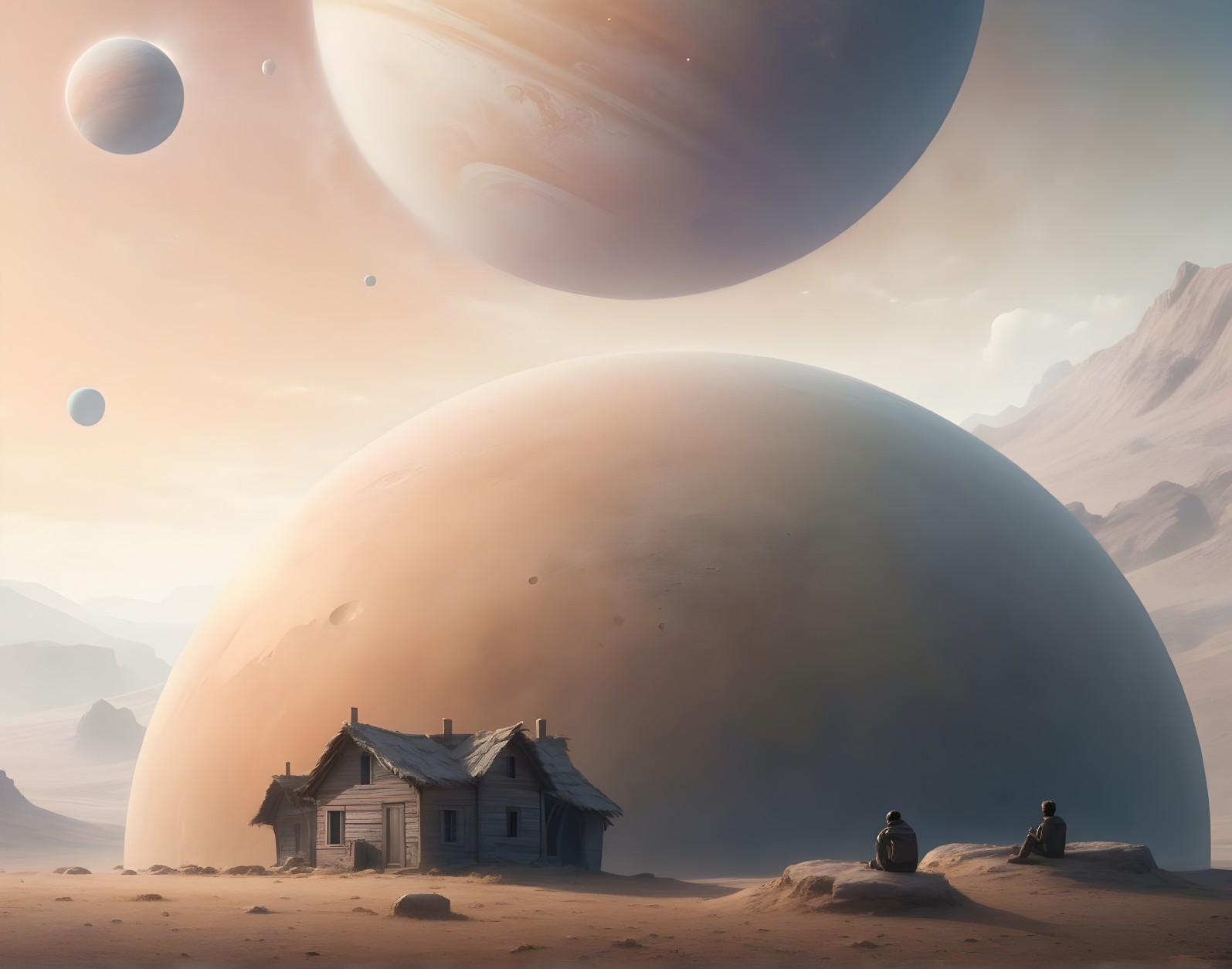 Desolate Landscape with Weathered House and Cosmic Scene