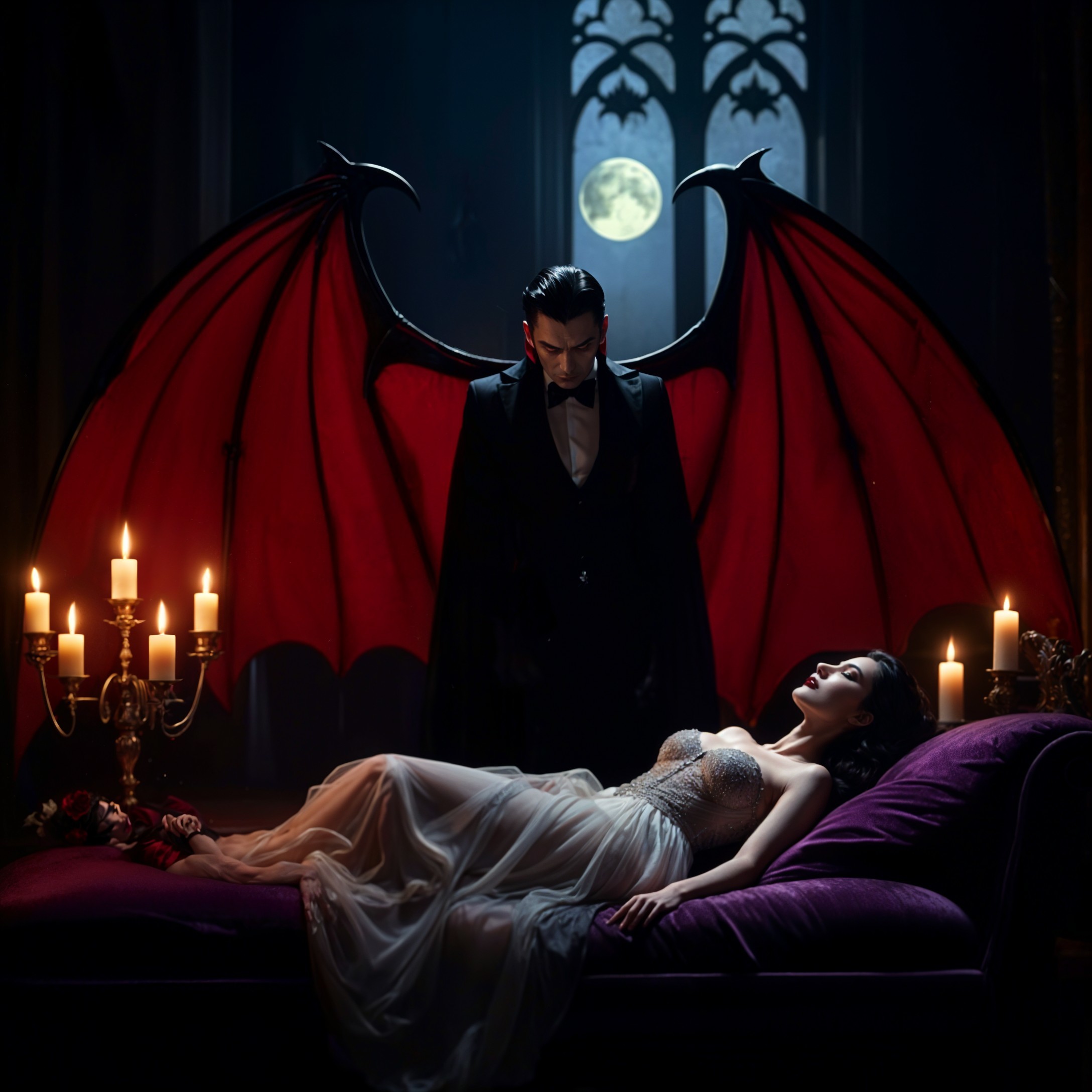 Gothic Scene of a Man with Red Wings and Woman in Gown
