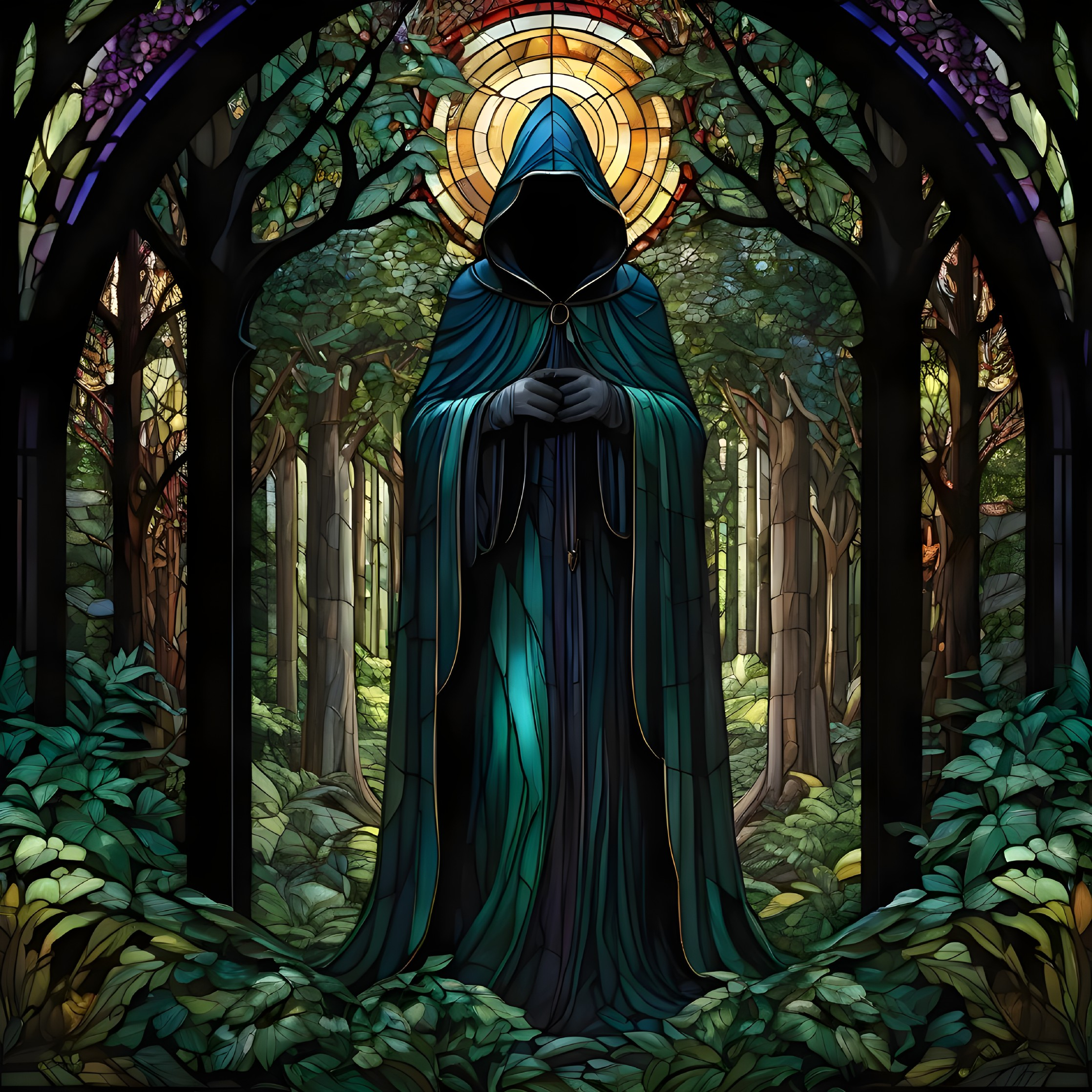 Cloaked figure under stained-glass arch in forest exudes mystery