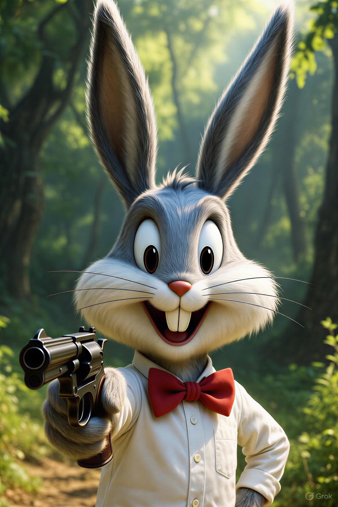Cartoon Rabbit with Revolver in Lush Forest Setting