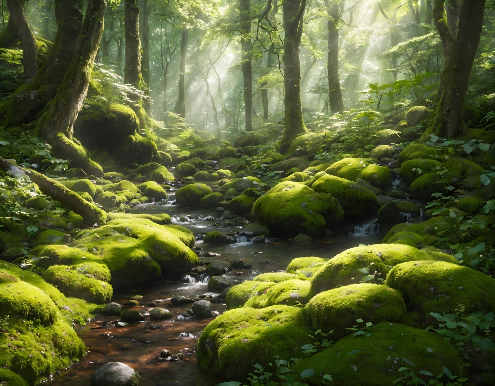 Serene Stream in Lush Misty Forest with Sunlight