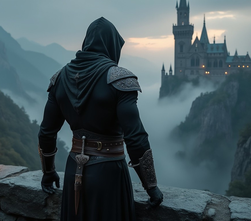 Cloaked Figure Overlooking Misty Castle at Twilight