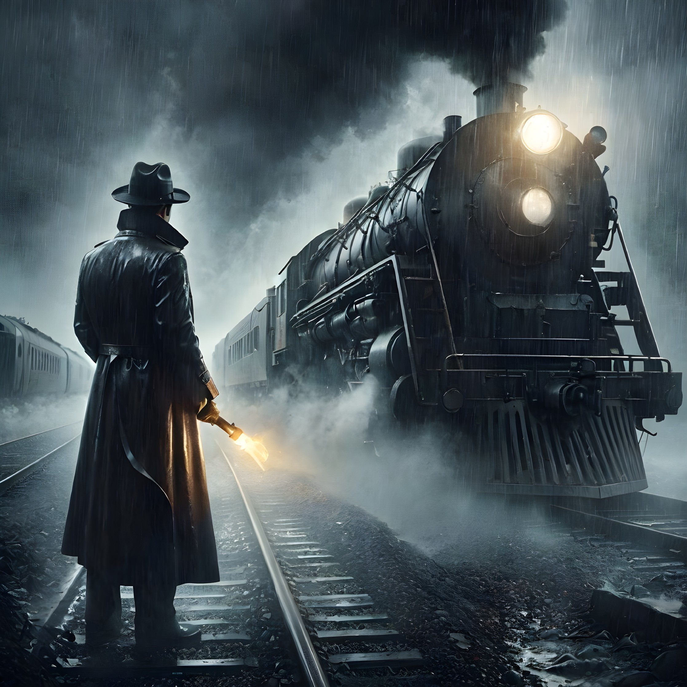 Shadowy Figure with Flame on Rainy Train Tracks