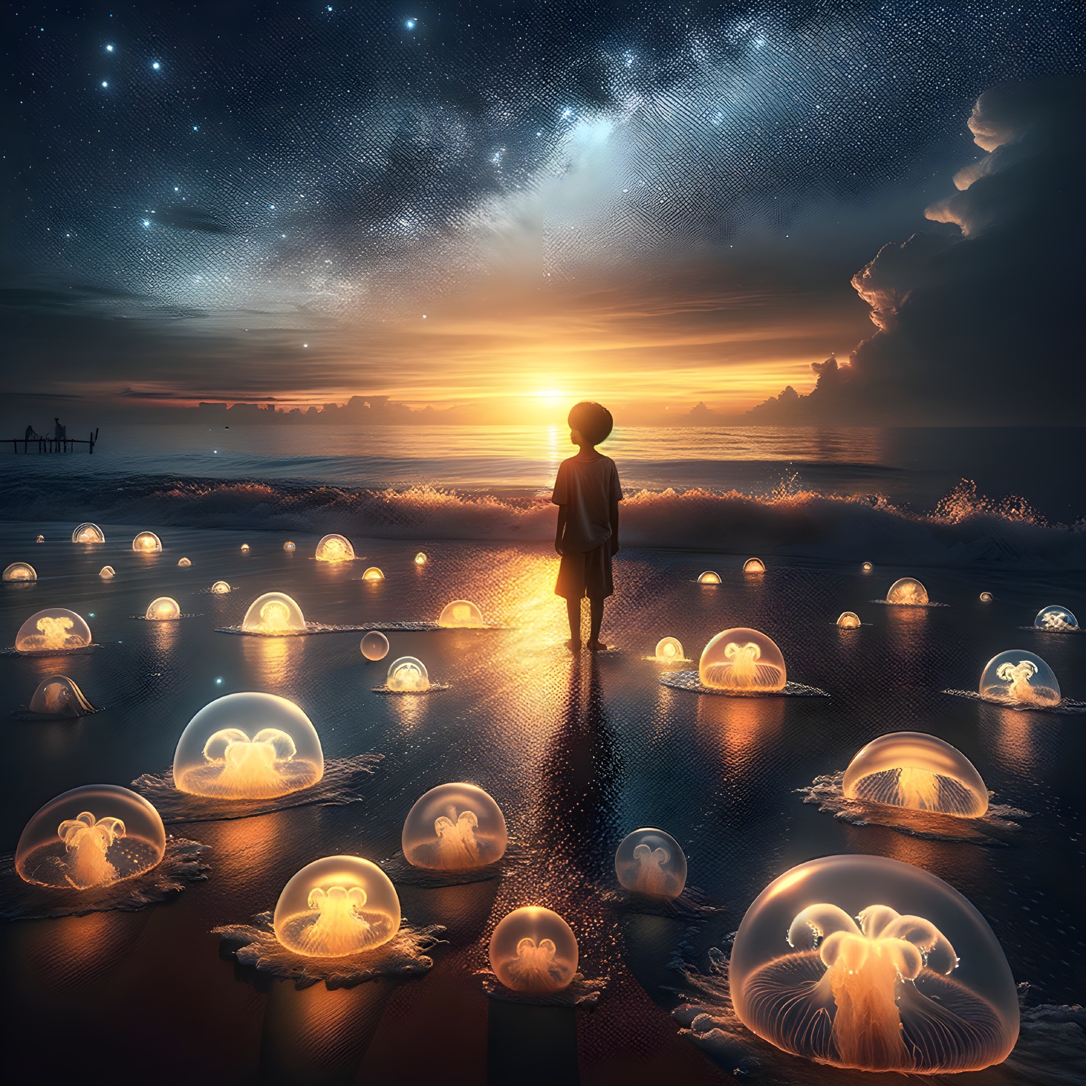 Child on Beach at Twilight with Glowing Jellyfish