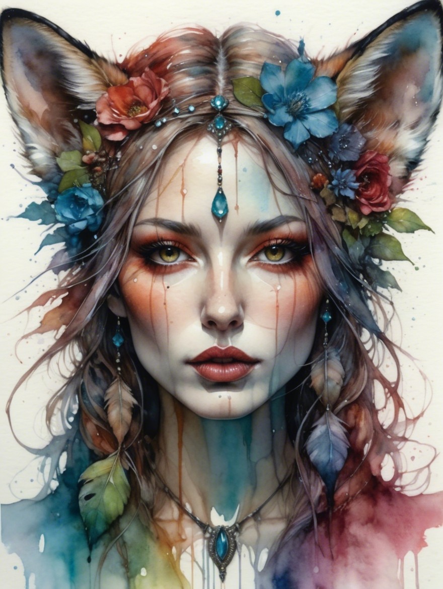 Portrait of a Woman with Fox-Like Features and Florals