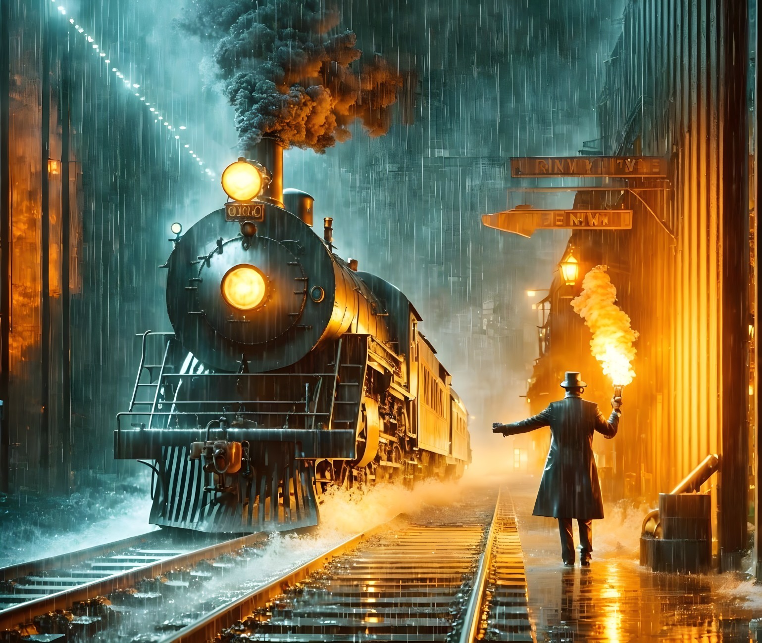 Vintage steam locomotive at a rainy train station