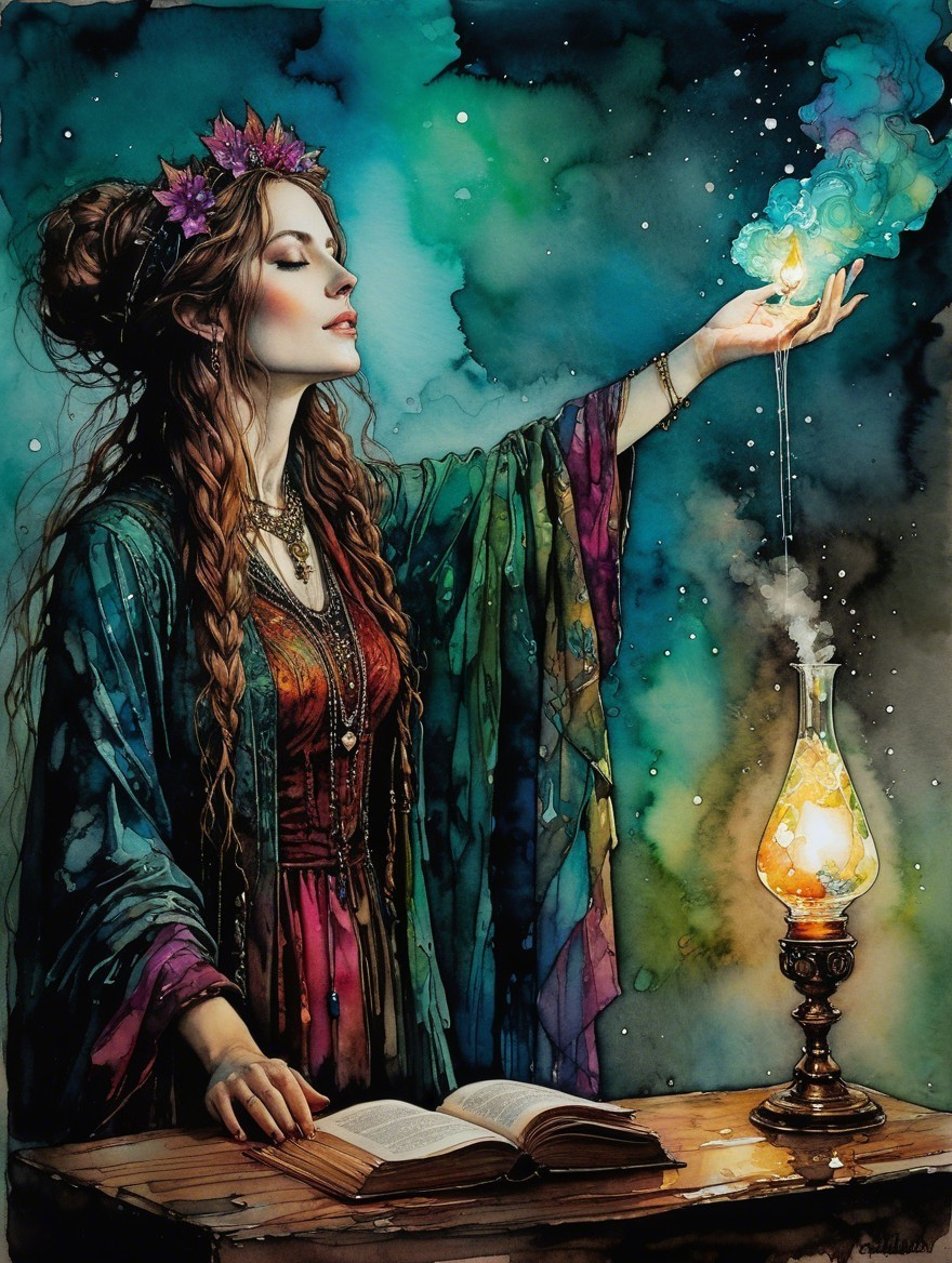 Mystical Woman with Floral Crown and Antique Lamp