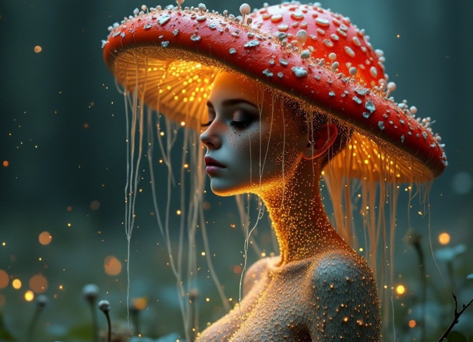 Surreal Scene of Woman with Glowing Mushroom Hat