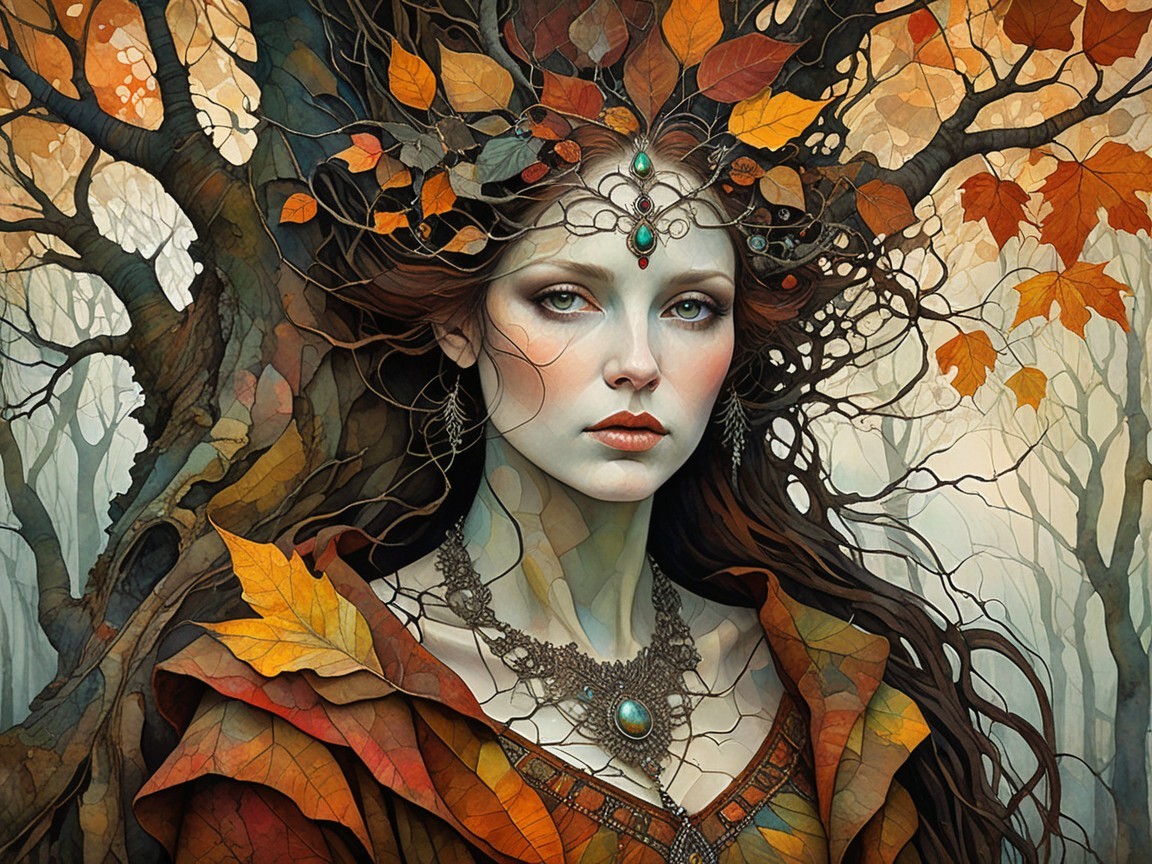 Mystical Woman in Autumn Forest with Gemstone Necklace