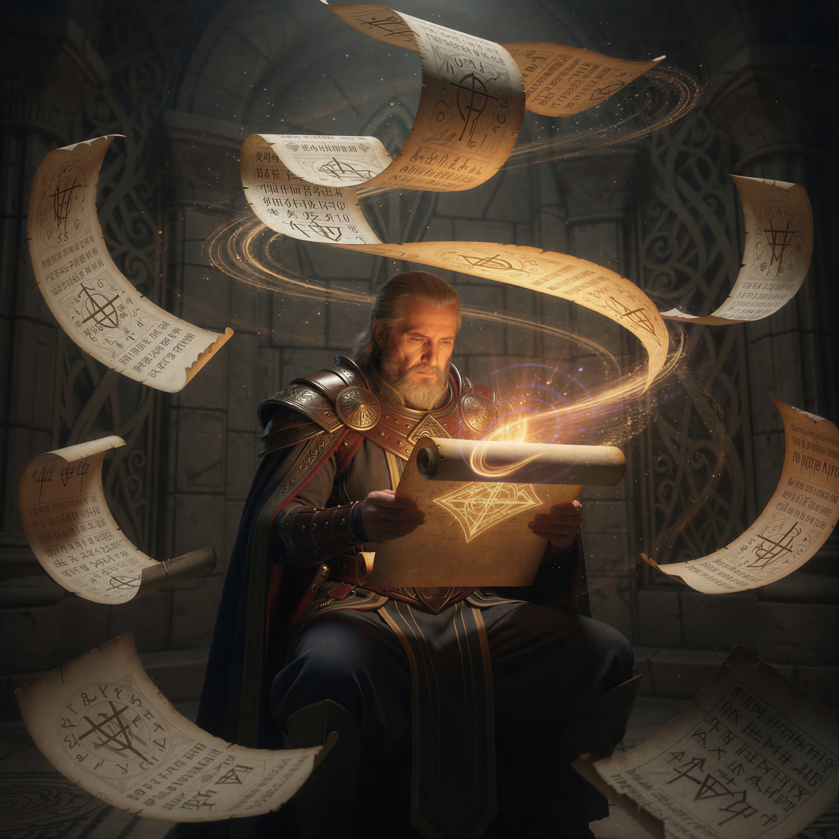 Detailed depiction of a medieval wizard in a chamber