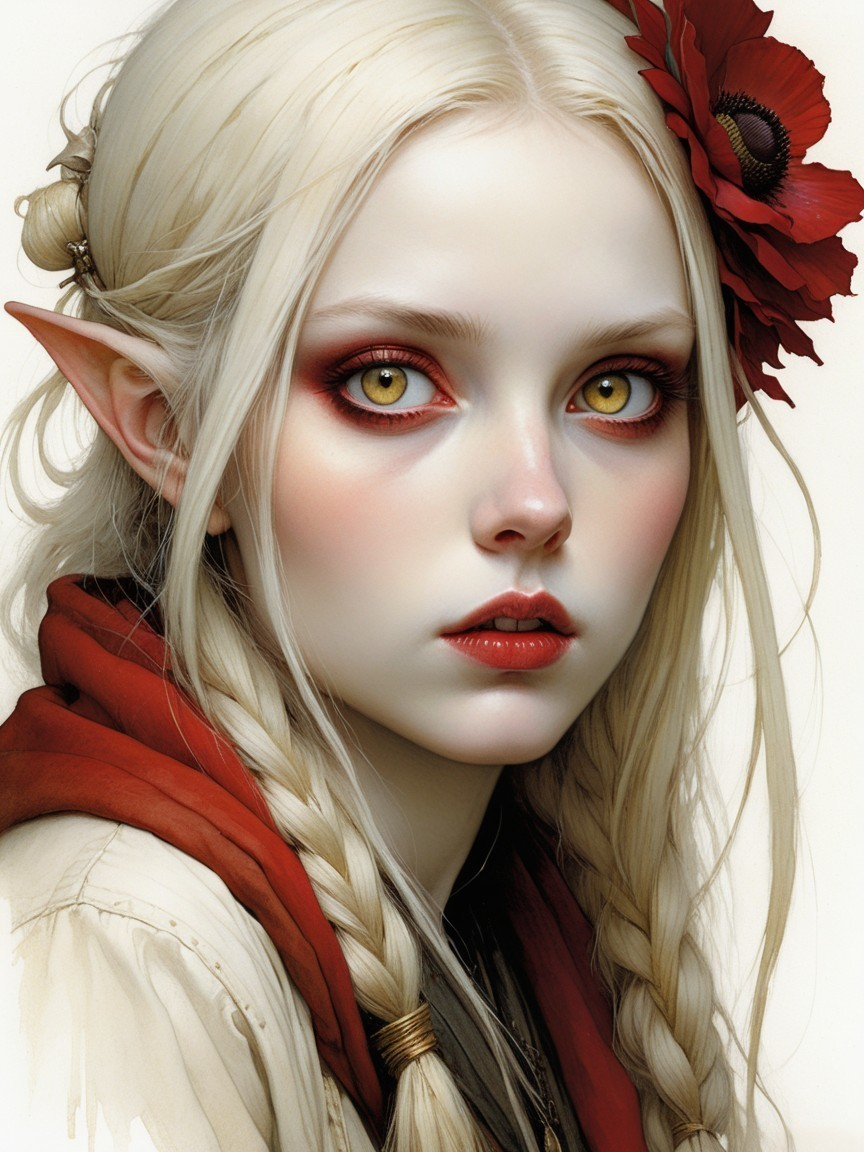 Ethereal figure with white hair and red accents