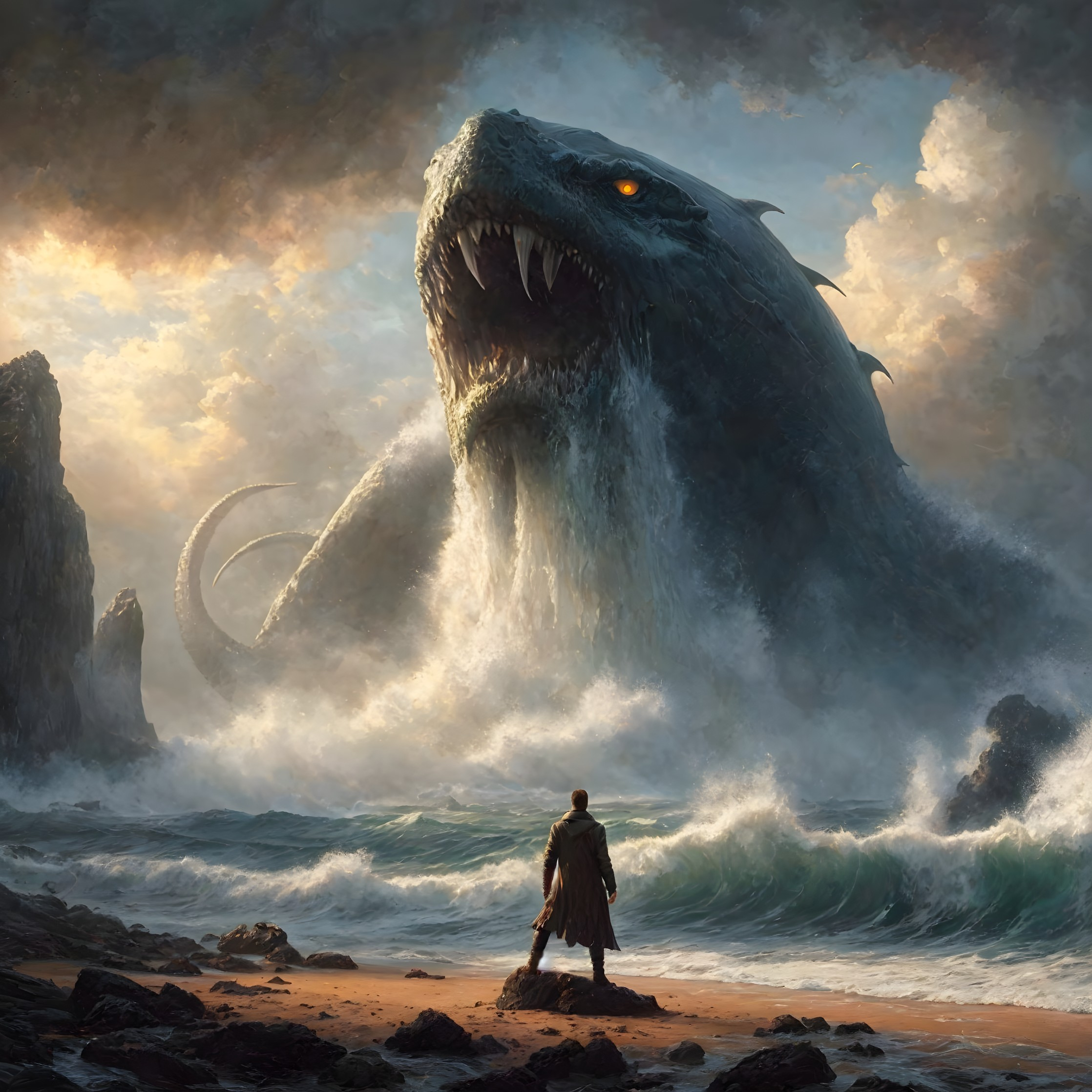 Dramatic Coastal Scene with Sea Creature and Figure