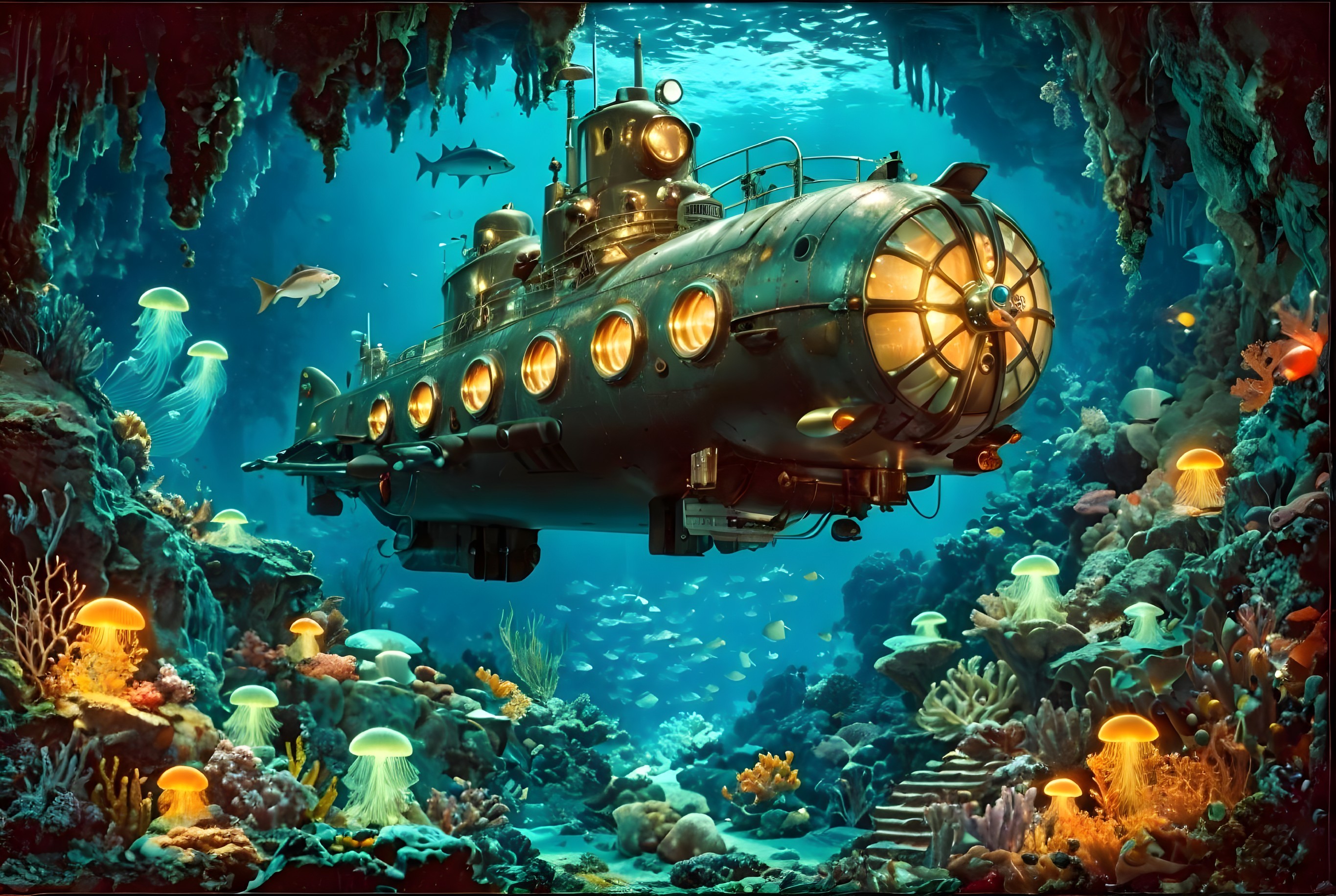 Vintage Submarine in a Colorful Underwater Scene