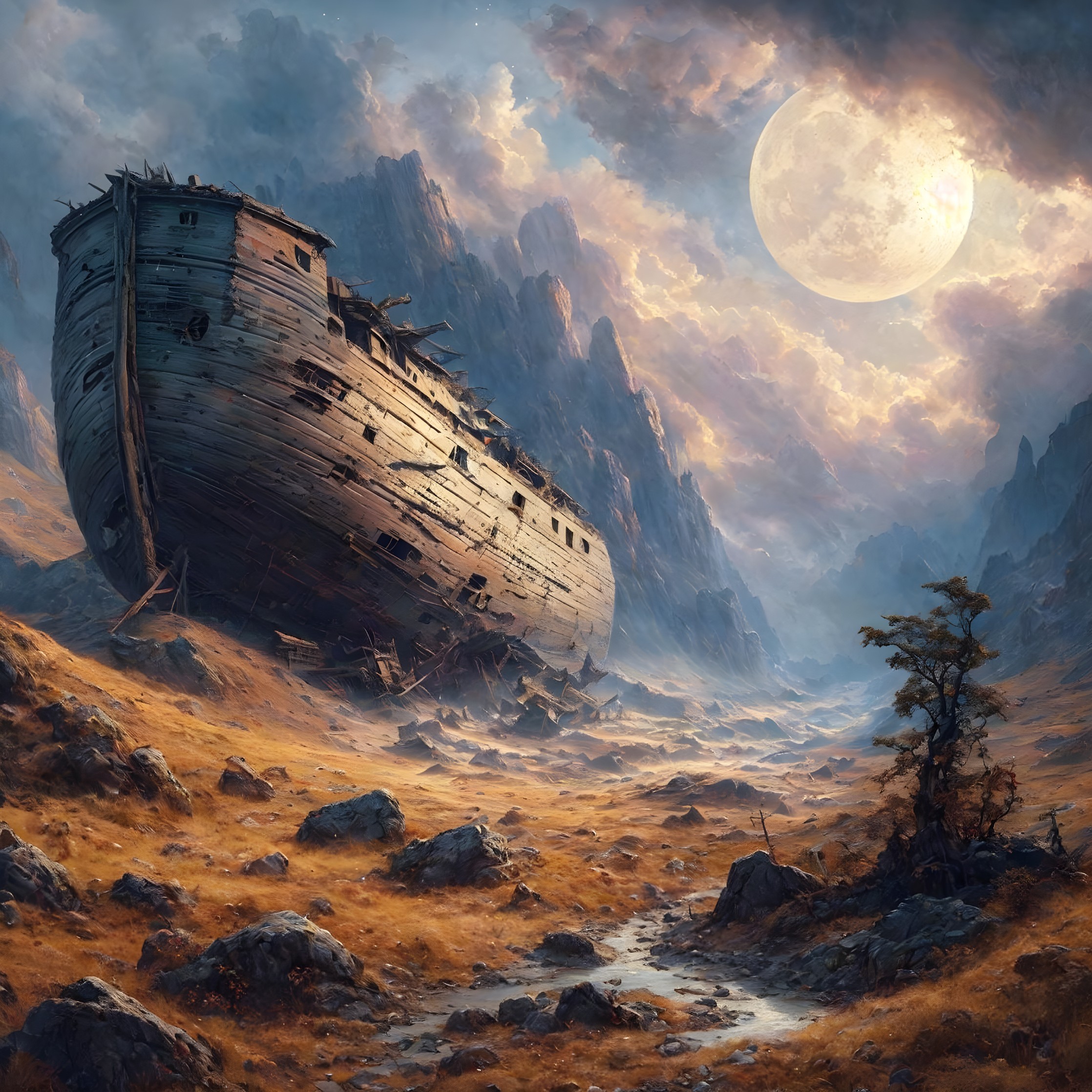 Abandoned Shipwreck Under Full Moon in Rugged Landscape