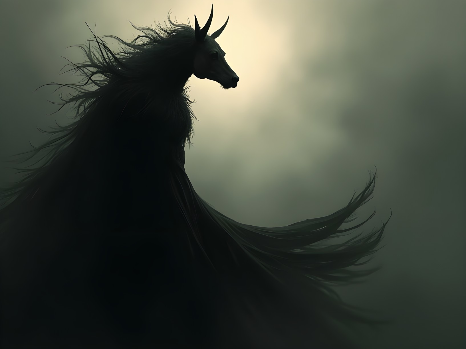 Mystical Horse Figure with Antlers in Ethereal Light