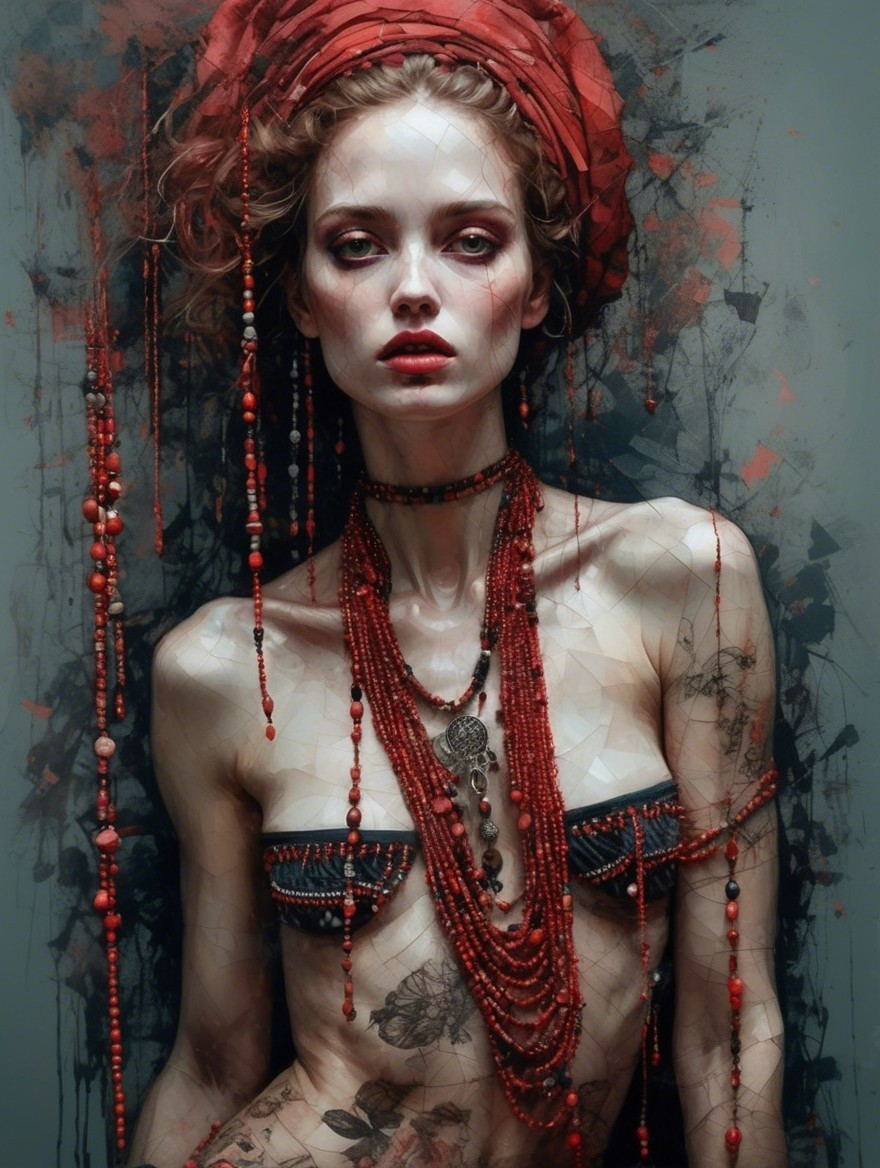 Ethereal Woman with Intricate Red Accessories and Tattoos