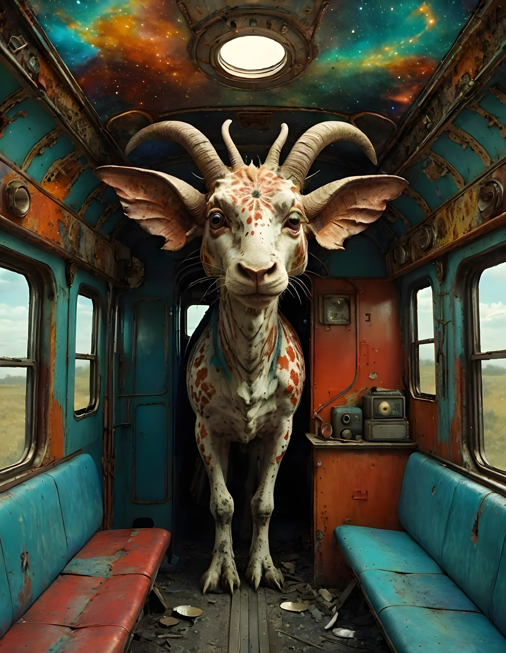 Surreal Scene with Goat in a Vintage Train Car