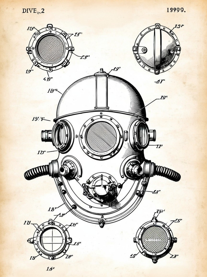 Vintage Patent Illustration of a Diving Helmet Design