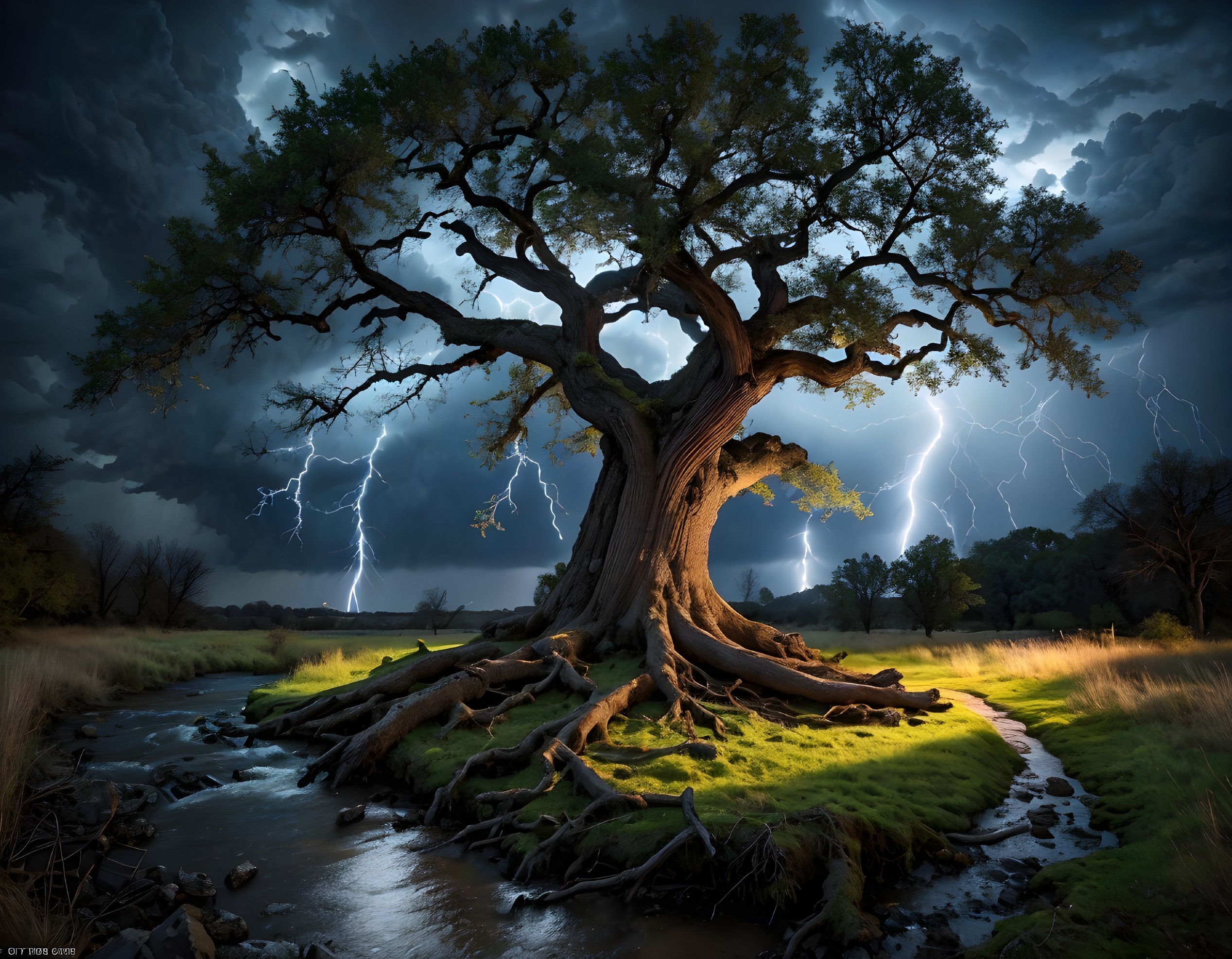 Ancient Tree by Stream Under Stormy Sky with Lightning