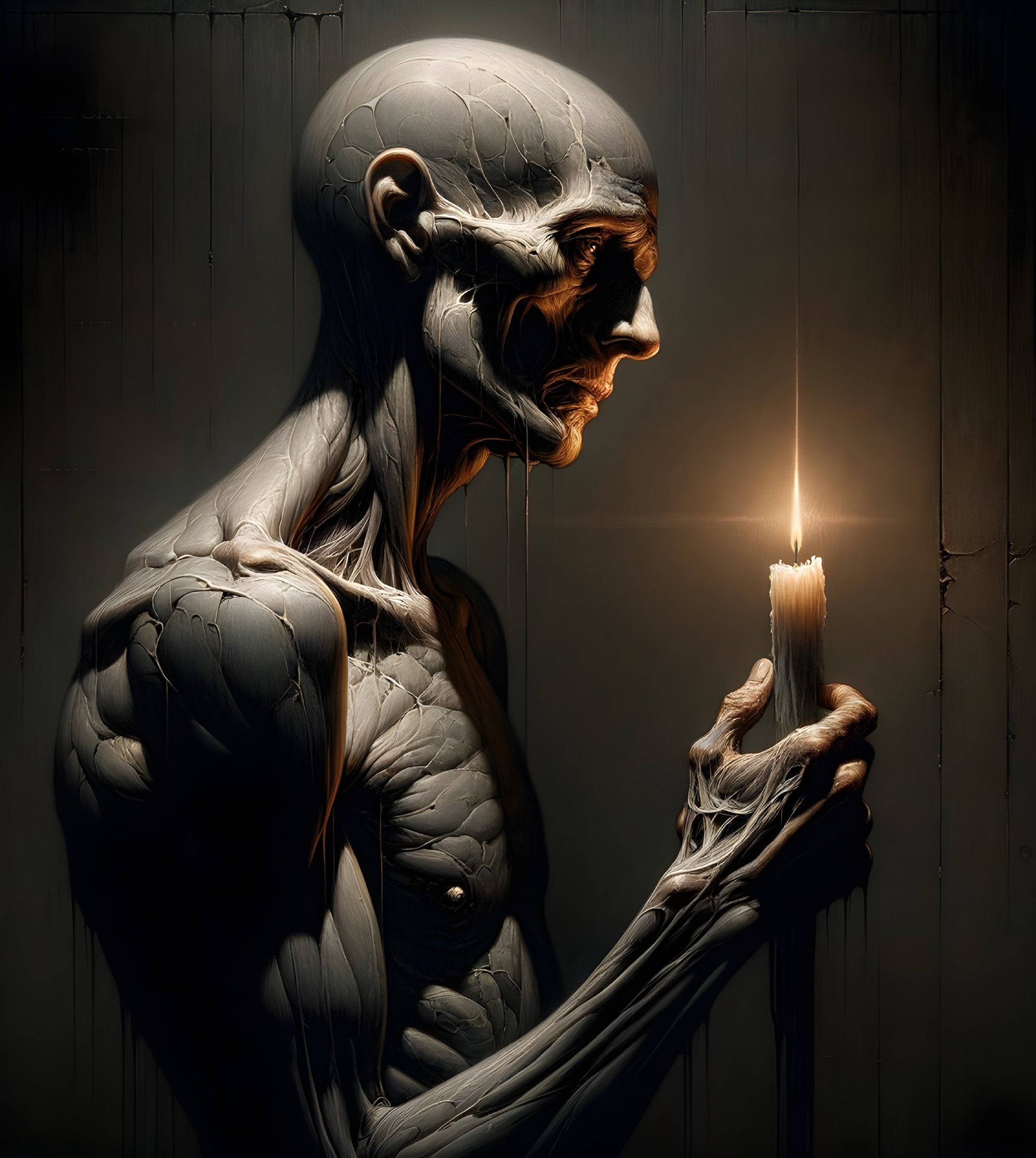 Slender Humanoid Figure with Candle in Dark Setting