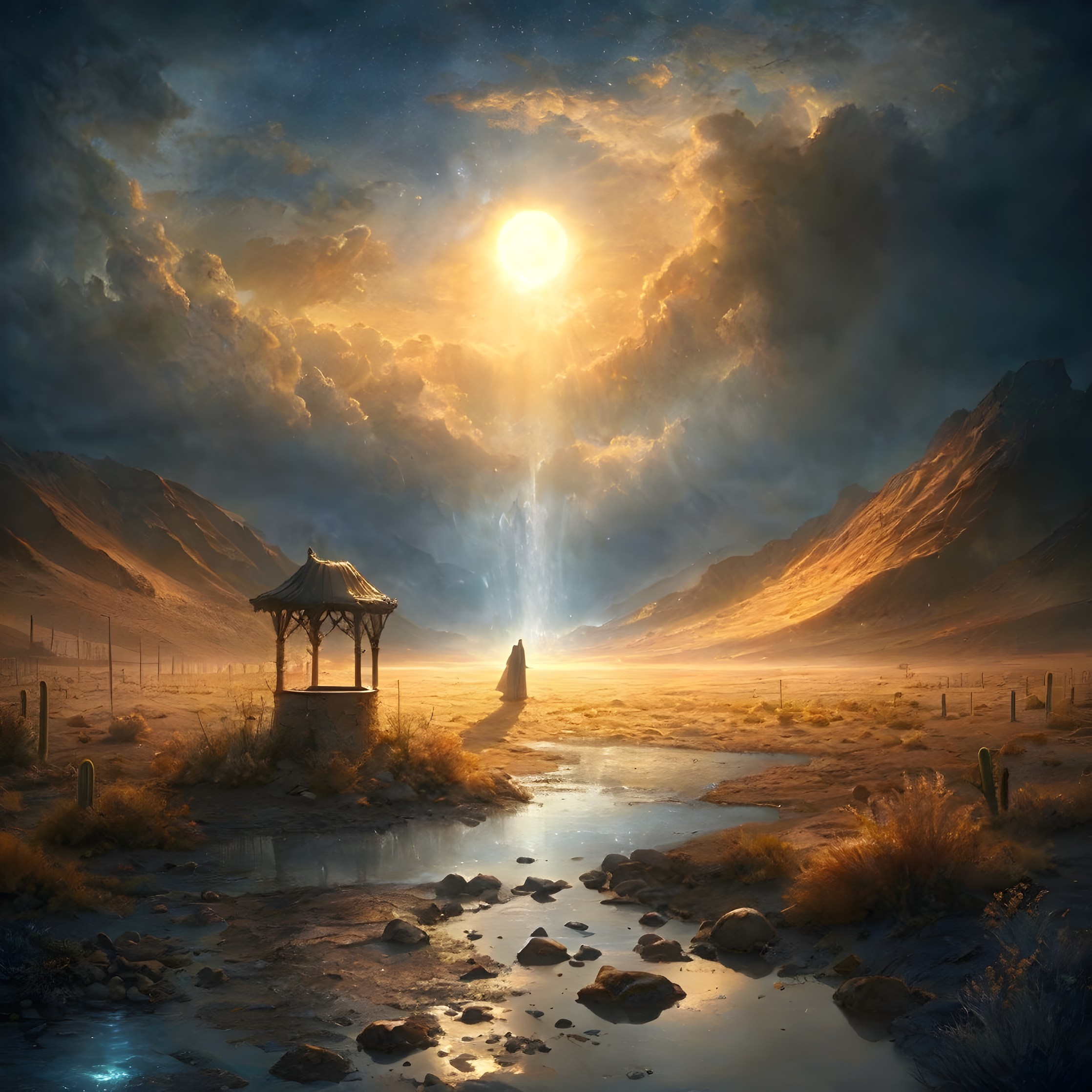 Mystical landscape with celestial event over desert stream
