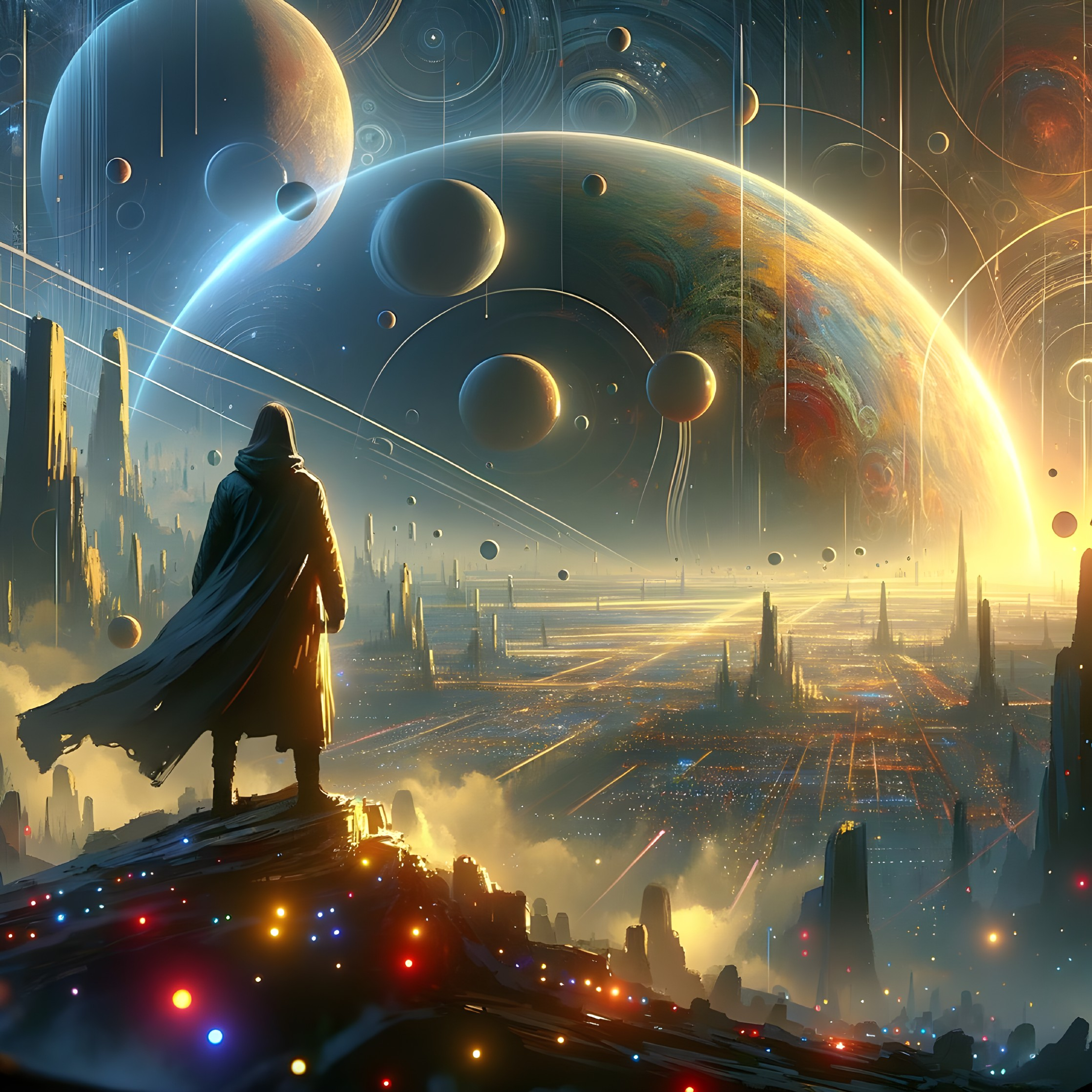 Cloaked figure overlooking futuristic city with massive planets and moons
