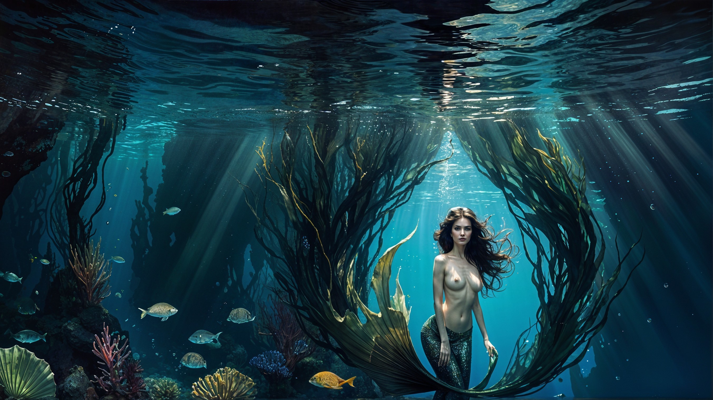 Mermaid in Vibrant Coral Reef Underwater Scene