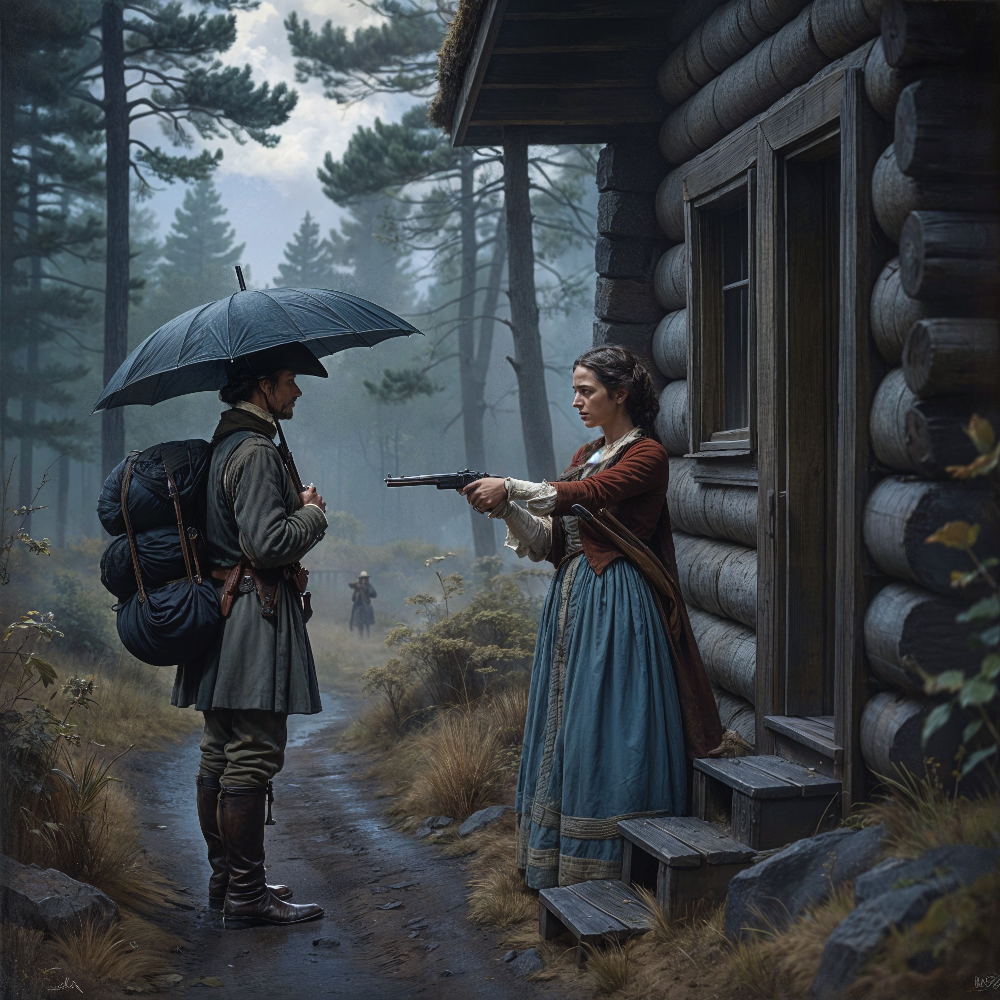 Tense Standoff in a Misty Forest by a Log Cabin
