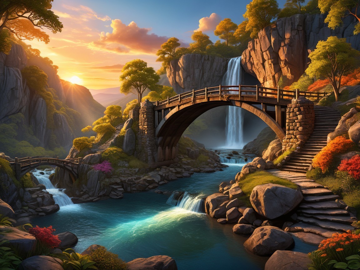Serene Landscape with Stone Bridge and Waterfalls