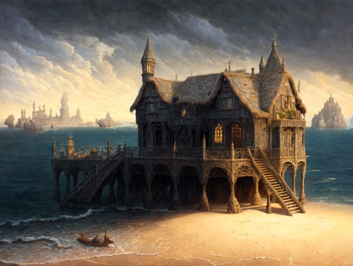 Coastal Scene with Ornate Stilt House and Islands